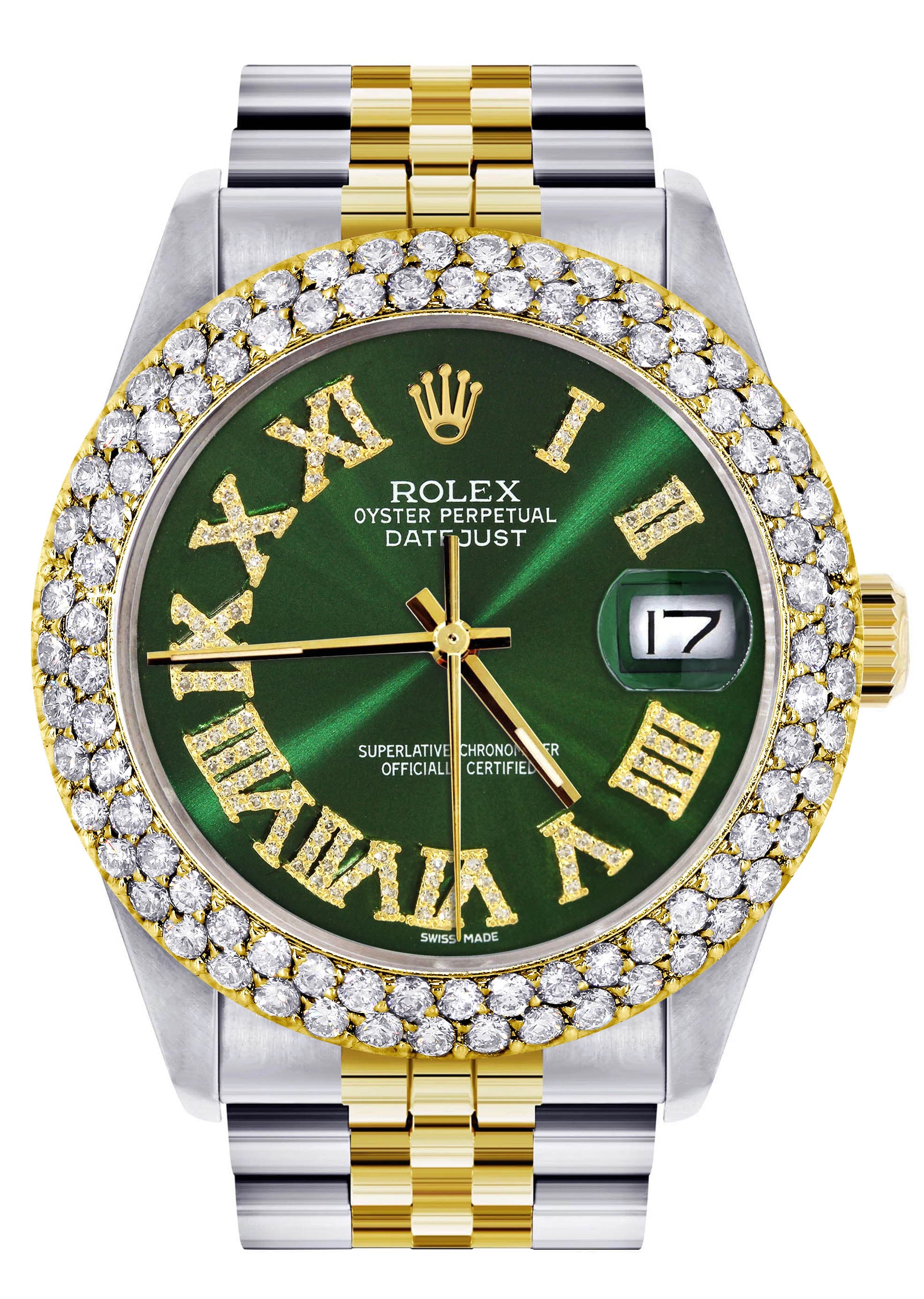 Diamond Gold Rolex Watch For Women 16233 | 36Mm | Green Roman Numeral Dial | Two Row 4.25 Carat Bezel | Jubilee Band