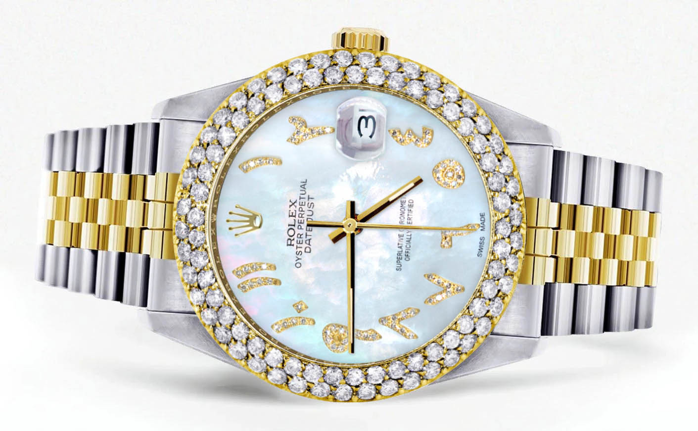 Diamond Gold Rolex Watch For Women 16233 | 36Mm | Mother of Pearl Arabic Diamond Dial | Two Row 4.25 Carat Bezel | Jubilee Band - Image 2