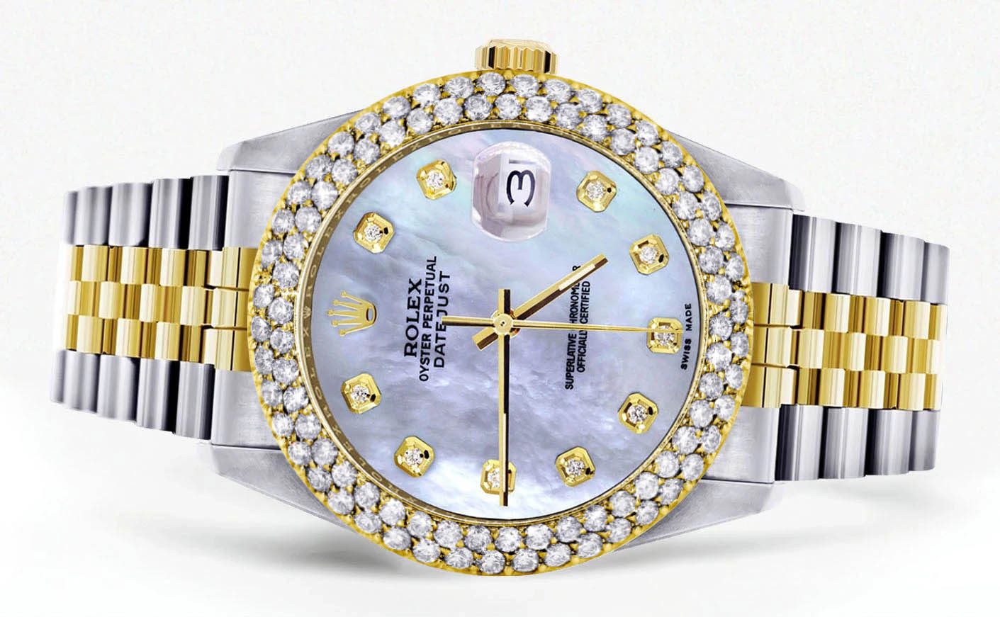 Diamond Gold Rolex Watch For Women 16233 | 36Mm | Mother of Pearl Dial | Two Row 4.25 Carat Bezel | Jubilee Band - Image 2