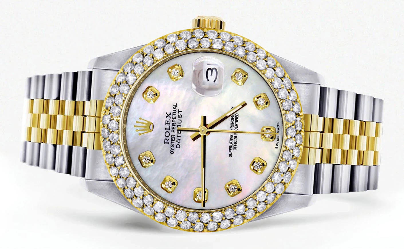 Diamond Gold Rolex Watch For Women 16233 | 36Mm | Mother of Pearl Dial | Two Row 4.25 Carat Bezel | Jubilee Band - Image 2