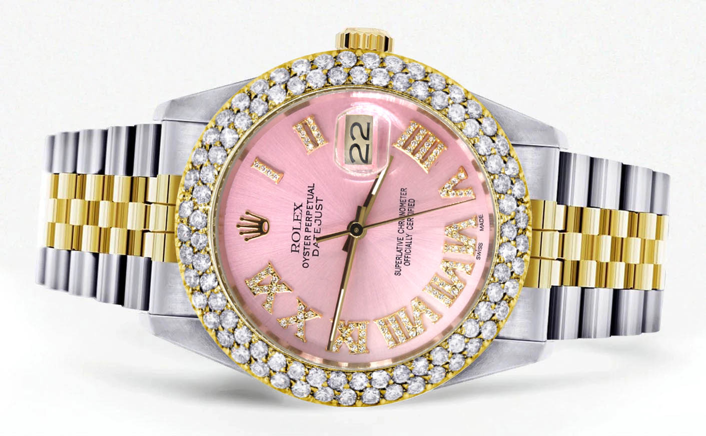 Diamond Gold Rolex Watch For Women 16233 | 36Mm | Pink Roman Numeral Dial | Two Row 4.25 Carat Bezel | Jubilee Band - Image 2