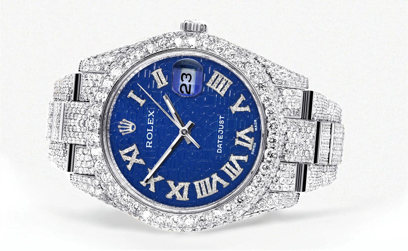 Diamond Iced Out Rolex Datejust 41 | 25 Carats Of Diamonds | Blue Text Pattern Dial | Two Row | Oyster Band - Image 2