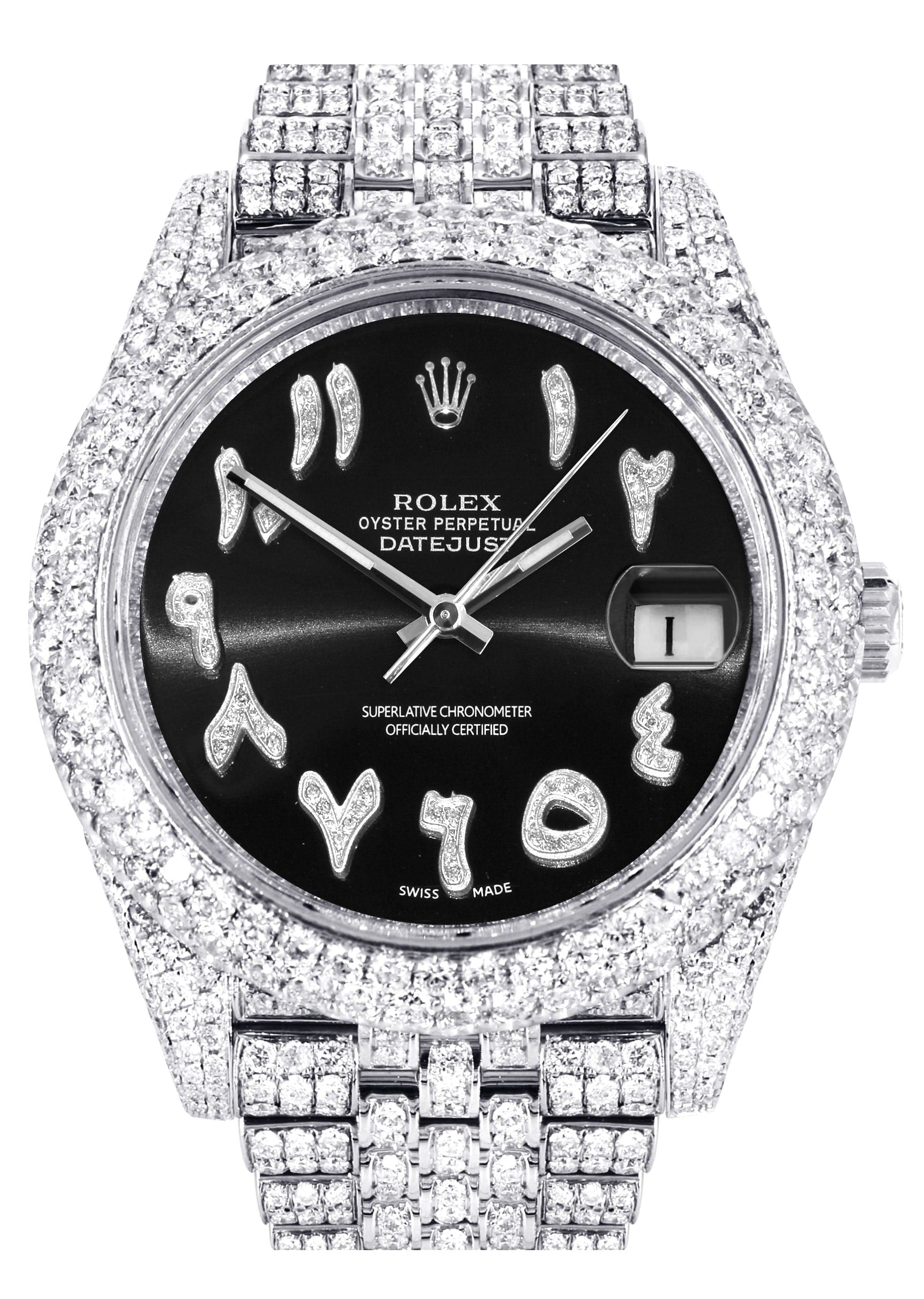 Diamond Iced Out Rolex Datejust 41 | 25 Carats Of Diamonds | Custom Black Arabic Numeral Diamond Dial | Two Row | Jubilee Band
