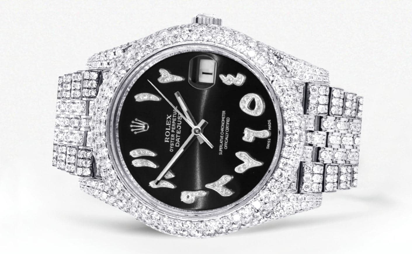 Diamond Iced Out Rolex Datejust 41 | 25 Carats Of Diamonds | Custom Black Arabic Numeral Diamond Dial | Two Row | Jubilee Band - Image 2