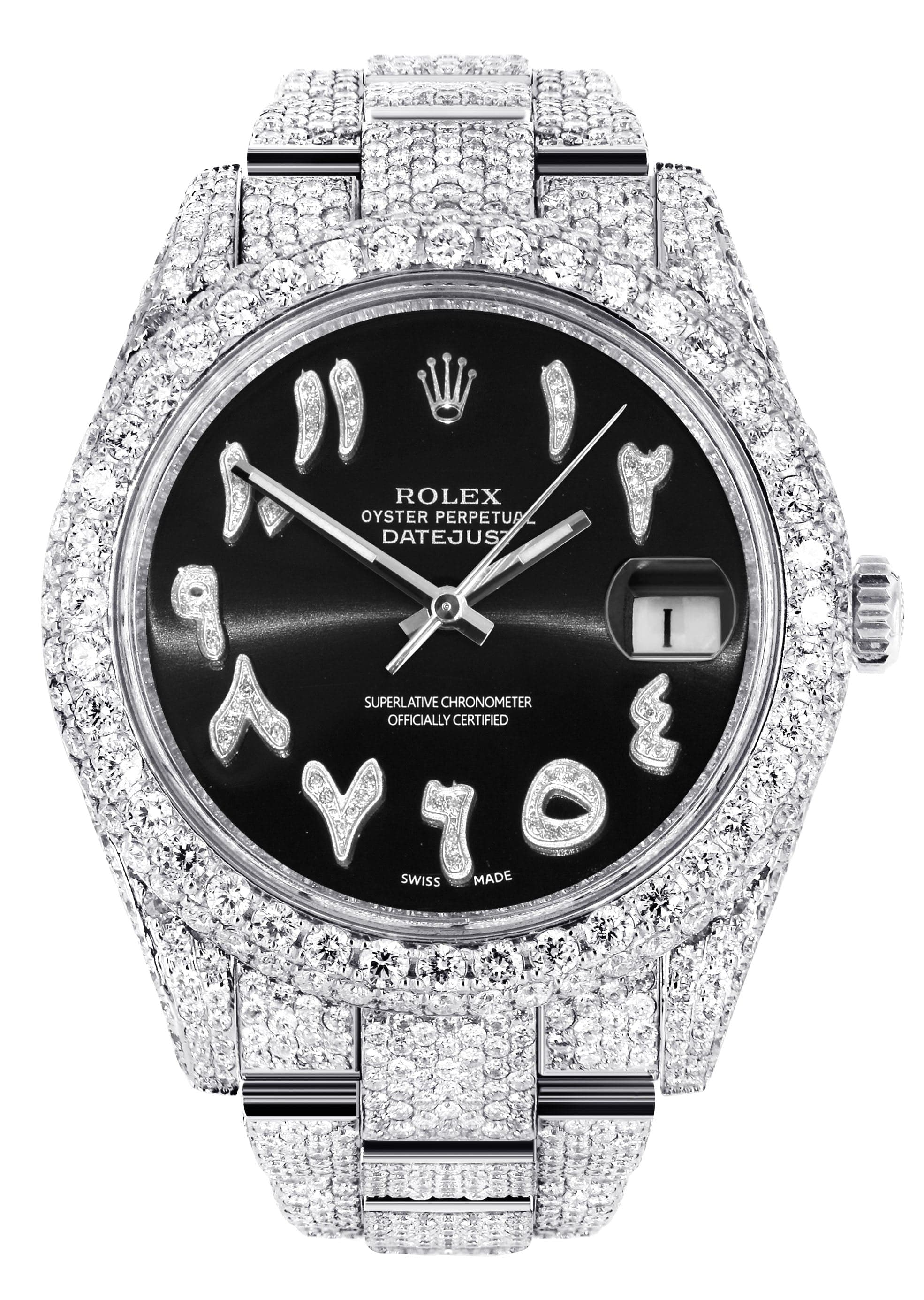 Diamond Iced Out Rolex Datejust 41 | 25 Carats Of Diamonds | Custom Black Arabic Numeral Diamond Dial | Two Row | Oyster Band