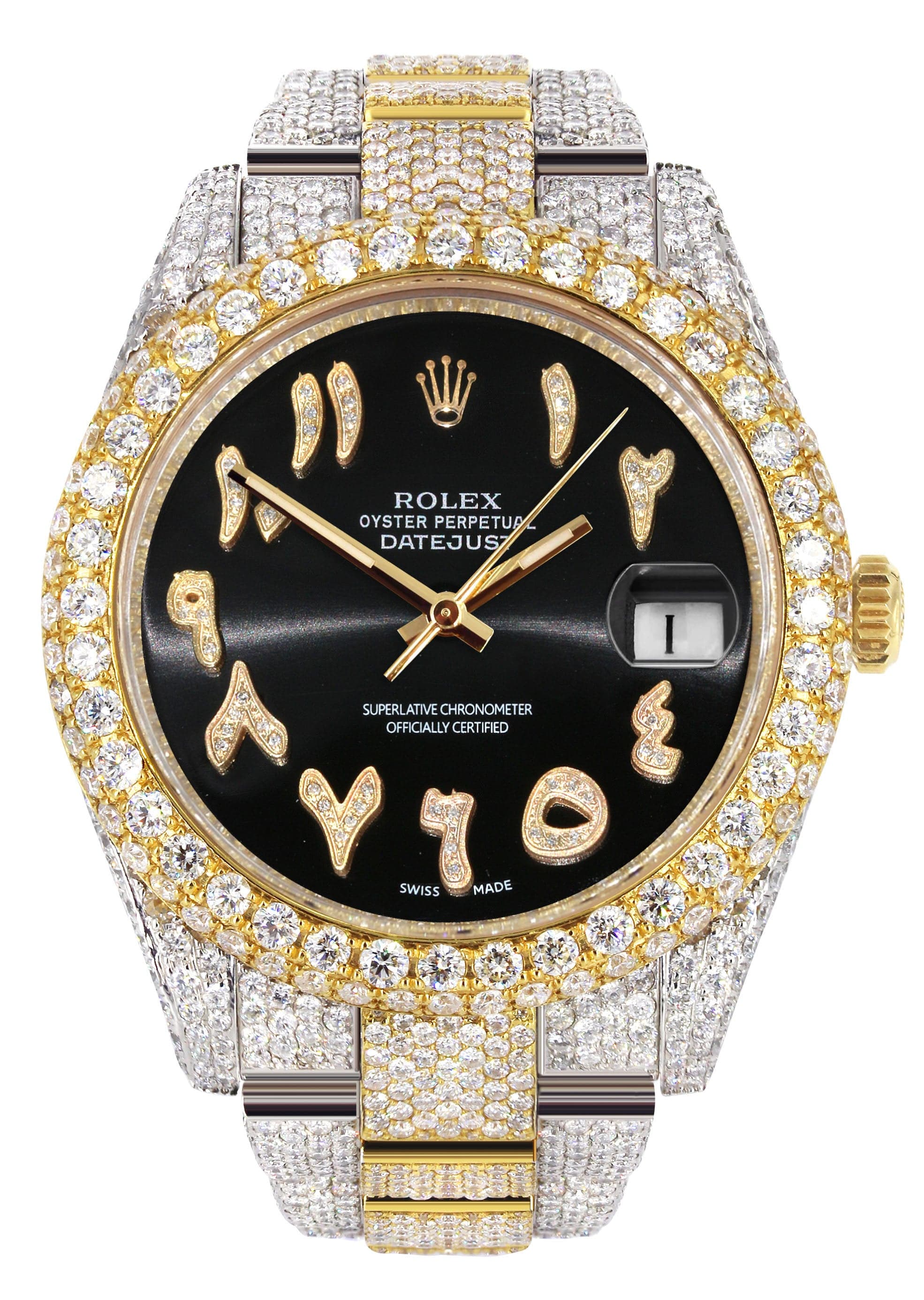 Diamond Iced Out Rolex Datejust 41 | 25 Carats Of Diamonds | Custom Black Arabic Numeral Diamond Dial | Two Tone | Two Row | Oyster Band