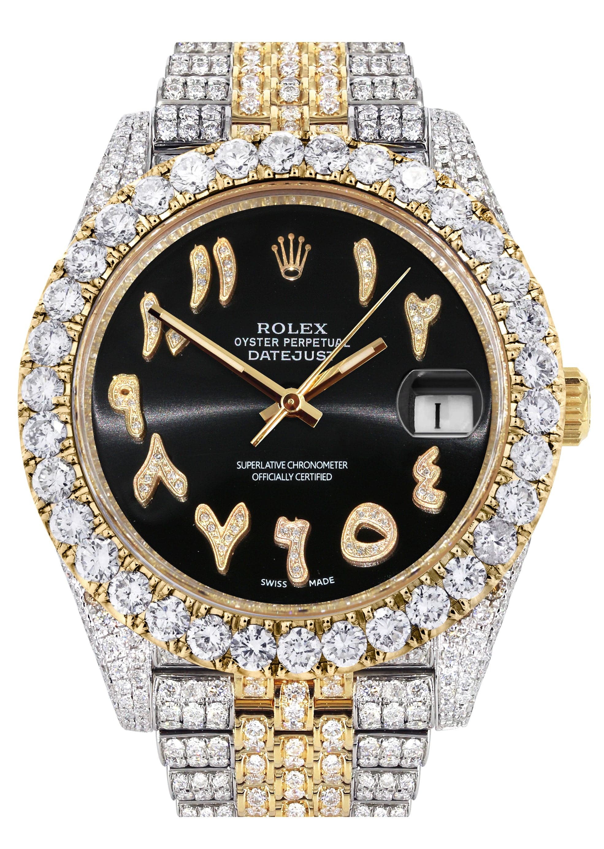 Diamond Iced Out Rolex Datejust 41 | 25 Carats Of Diamonds | Custom Black Arabic Numeral Diamond Dial | Two Tone | Jubilee Band