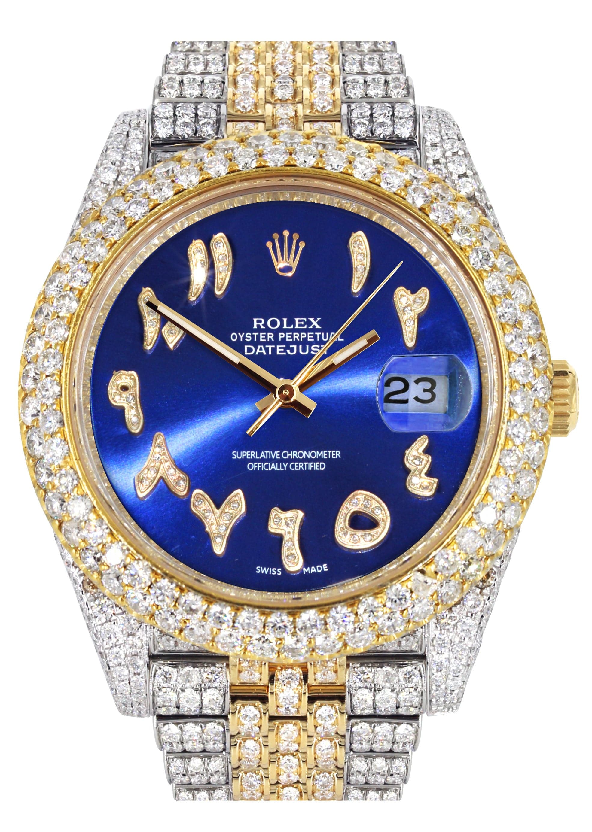 Diamond Iced Out Rolex Datejust 41 | 25 Carats Of Diamonds | Custom Blue Arabic Numeral Diamond Dial | Two Tone | Two Row | Jubilee Band