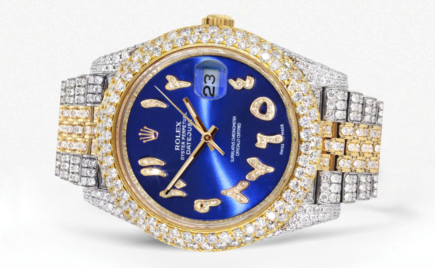 Diamond Iced Out Rolex Datejust 41 | 25 Carats Of Diamonds | Custom Blue Arabic Numeral Diamond Dial | Two Tone | Two Row | Jubilee Band - Image 2