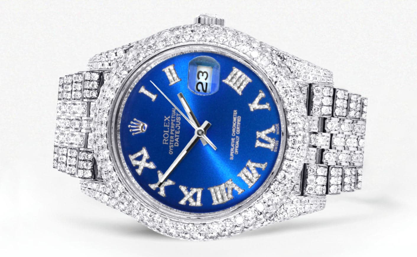 Diamond Iced Out Rolex Datejust 41 | 25 Carats Of Diamonds | Custom Blue Roman Numeral Diamond Dial | Two Row | Jubilee Band - Image 2