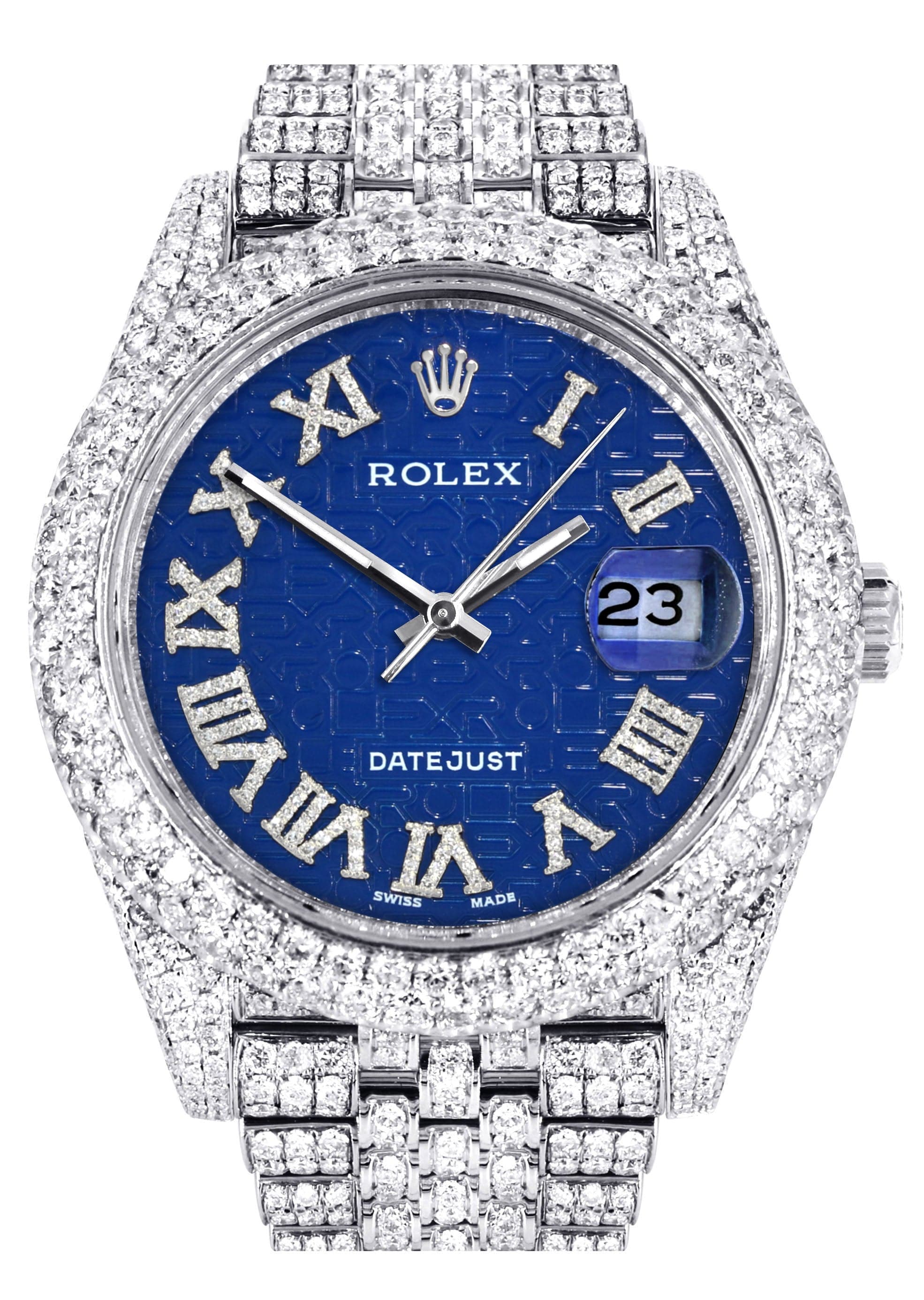 Diamond Iced Out Rolex Datejust 41 | 25 Carats Of Diamonds | Custom Blue Text Pattern Dial | Two Row | Jubilee Band