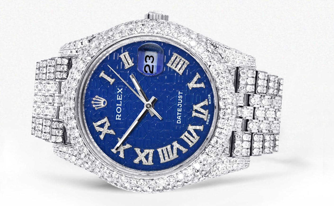 Diamond Iced Out Rolex Datejust 41 | 25 Carats Of Diamonds | Custom Blue Text Pattern Dial | Two Row | Jubilee Band - Image 2