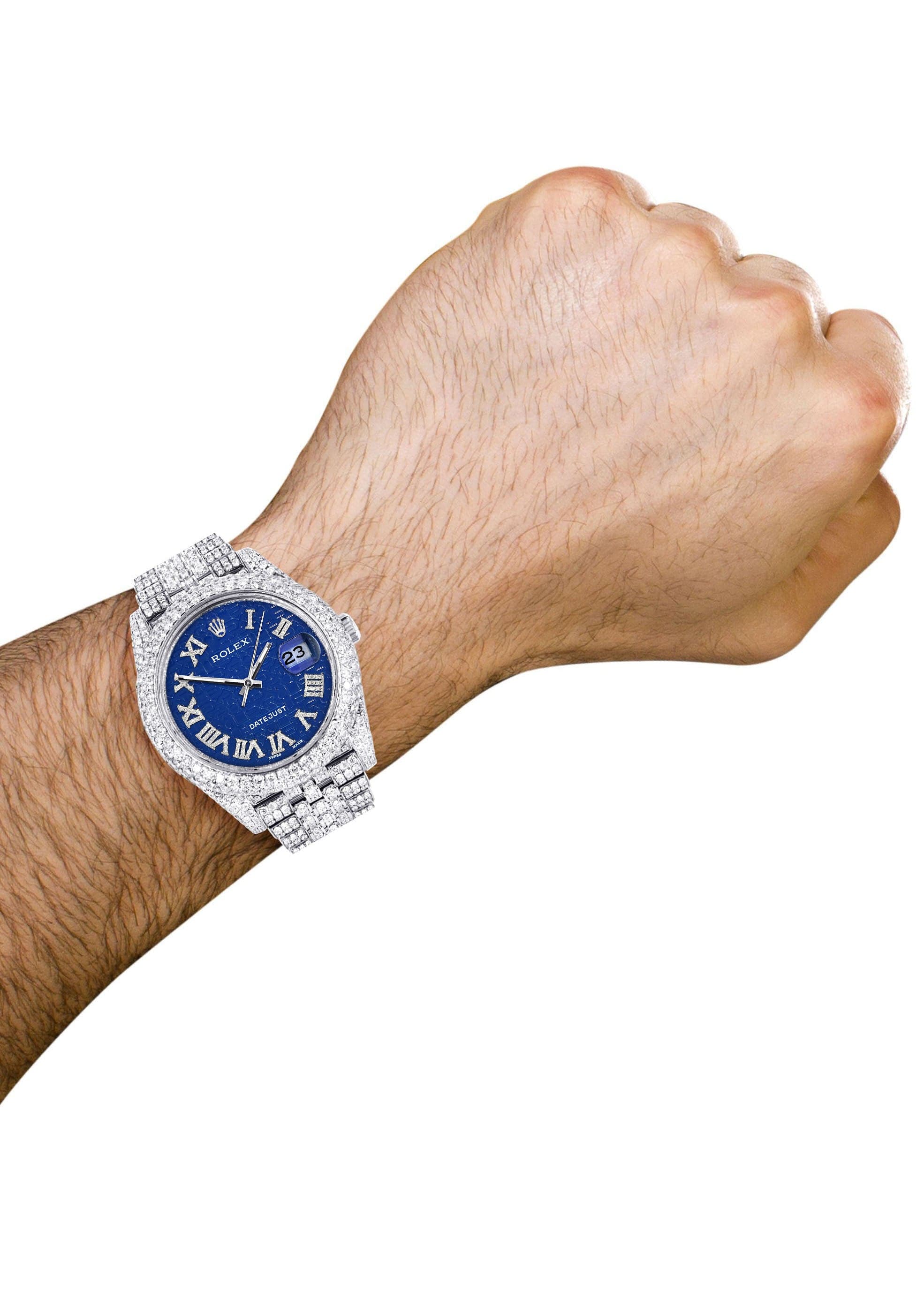 Diamond Iced Out Rolex Datejust 41 | 25 Carats Of Diamonds | Custom Blue Text Pattern Dial | Two Row | Jubilee Band - Image 3