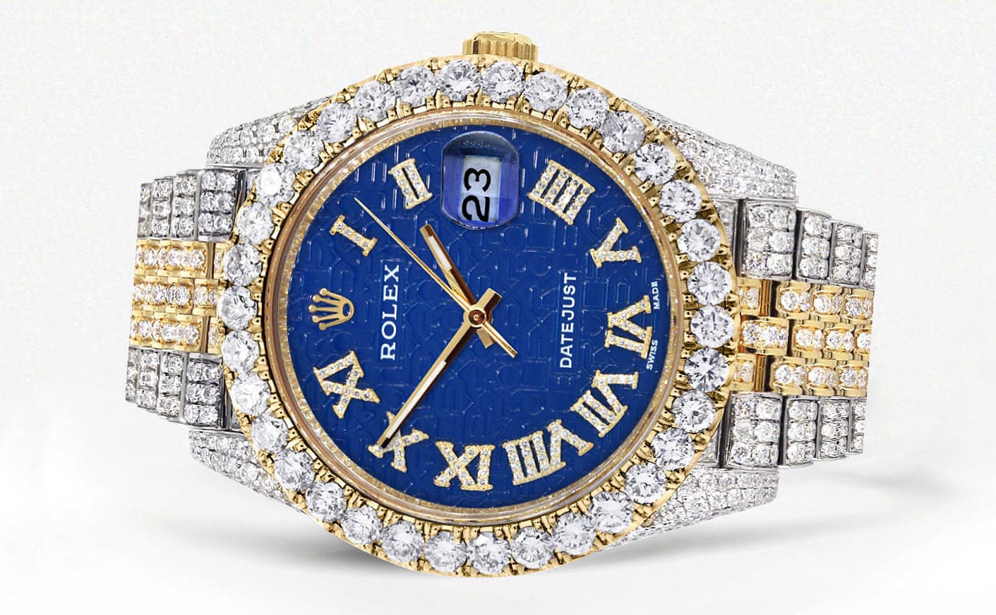 Diamond Iced Out Rolex Datejust 41 | 25 Carats Of Diamonds | Custom Blue Text Pattern Dial | Two Tone | Jubilee Band - Image 2