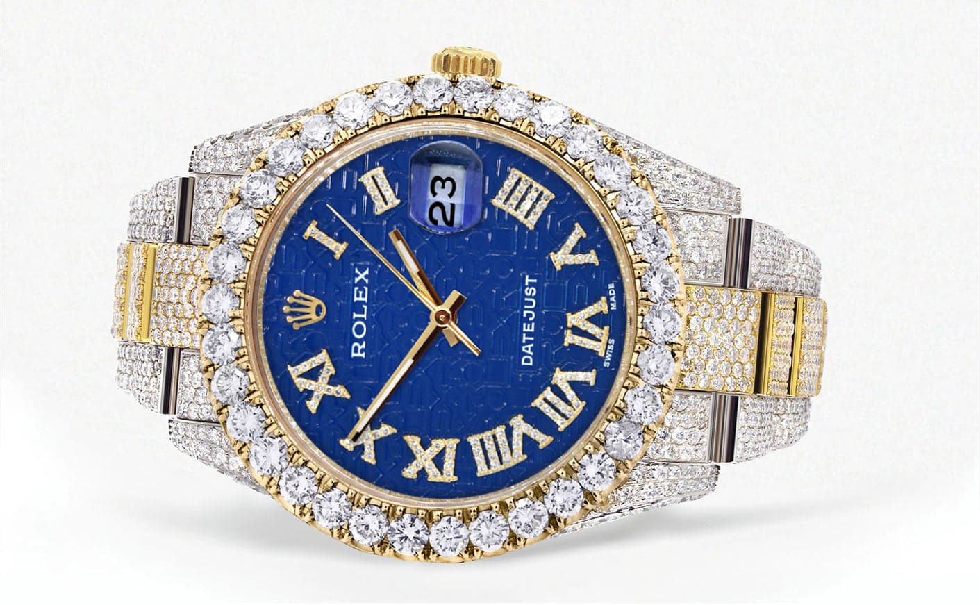 Diamond Iced Out Rolex Datejust 41 | 25 Carats Of Diamonds | Custom Blue Text Pattern Dial | Two Tone | Oyster Band - Image 2