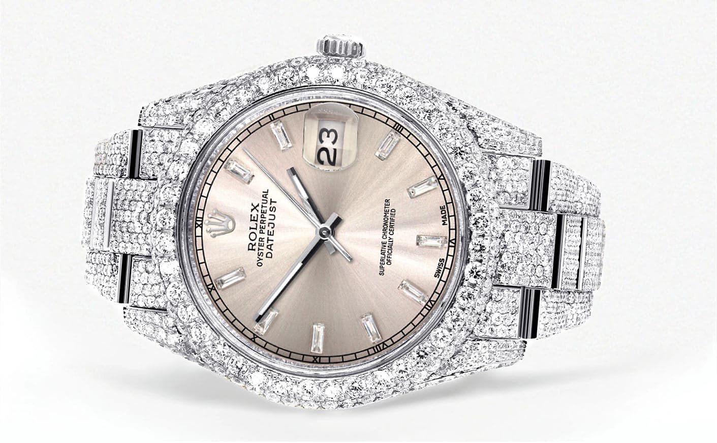 Diamond Iced Out Rolex Datejust 41 | 25 Carats Of Diamonds | Custom Dawn Pink Dial | Two Row | Oyster Band - Image 2