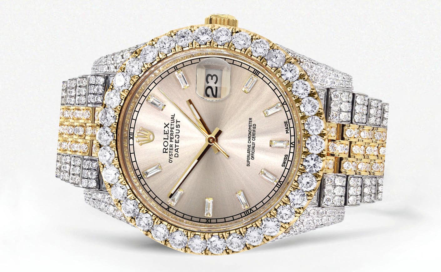 Diamond Iced Out Rolex Datejust 41 | 25 Carats Of Diamonds | Custom Dawn Pink Dial | Two Tone | Jubilee Band - Image 2