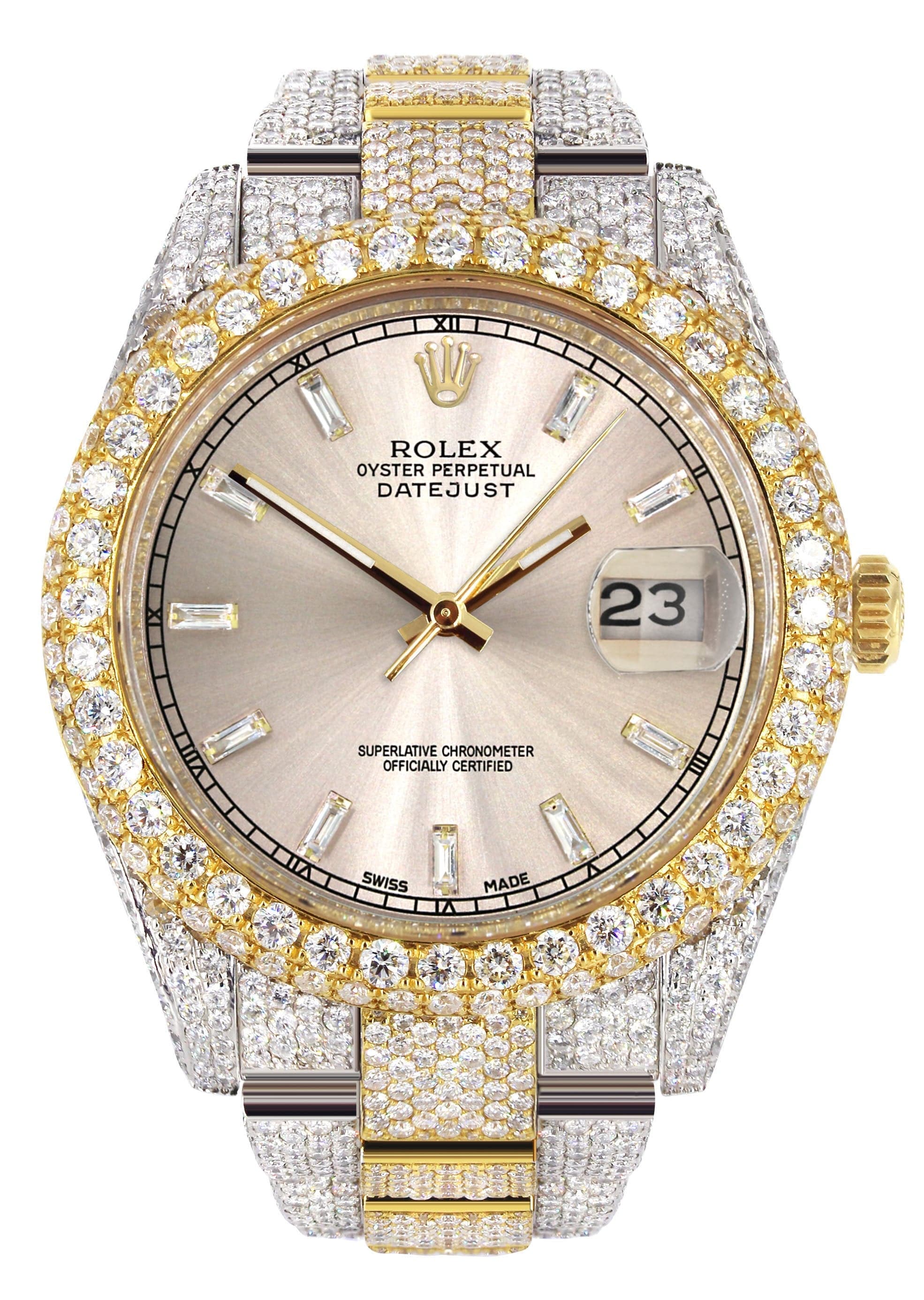 Diamond Iced Out Rolex Datejust 41 | 25 Carats Of Diamonds | Custom Dawn Pink Dial | Two Tone | Two Row | Oyster Band