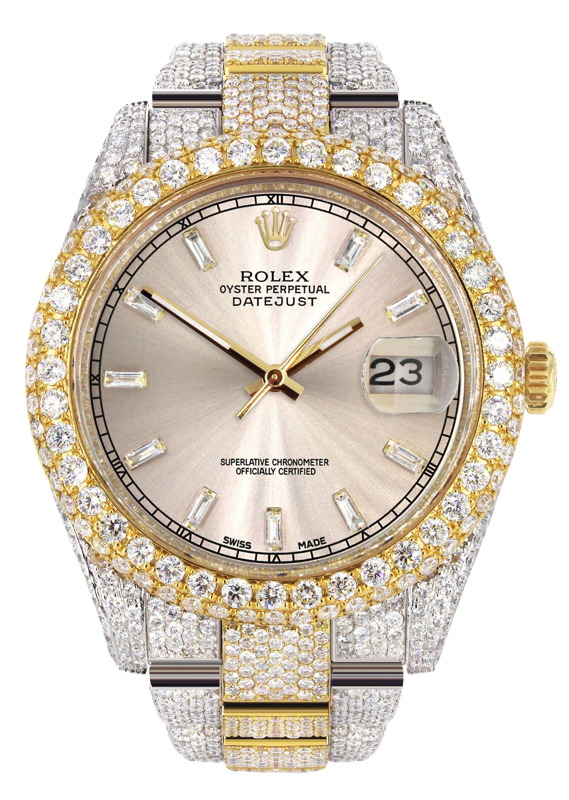 Diamond Iced Out Rolex Datejust 41 | 25 Carats Of Diamonds | Custom Dawn Pink Dial | Two Tone | Two Row | Oyster Band