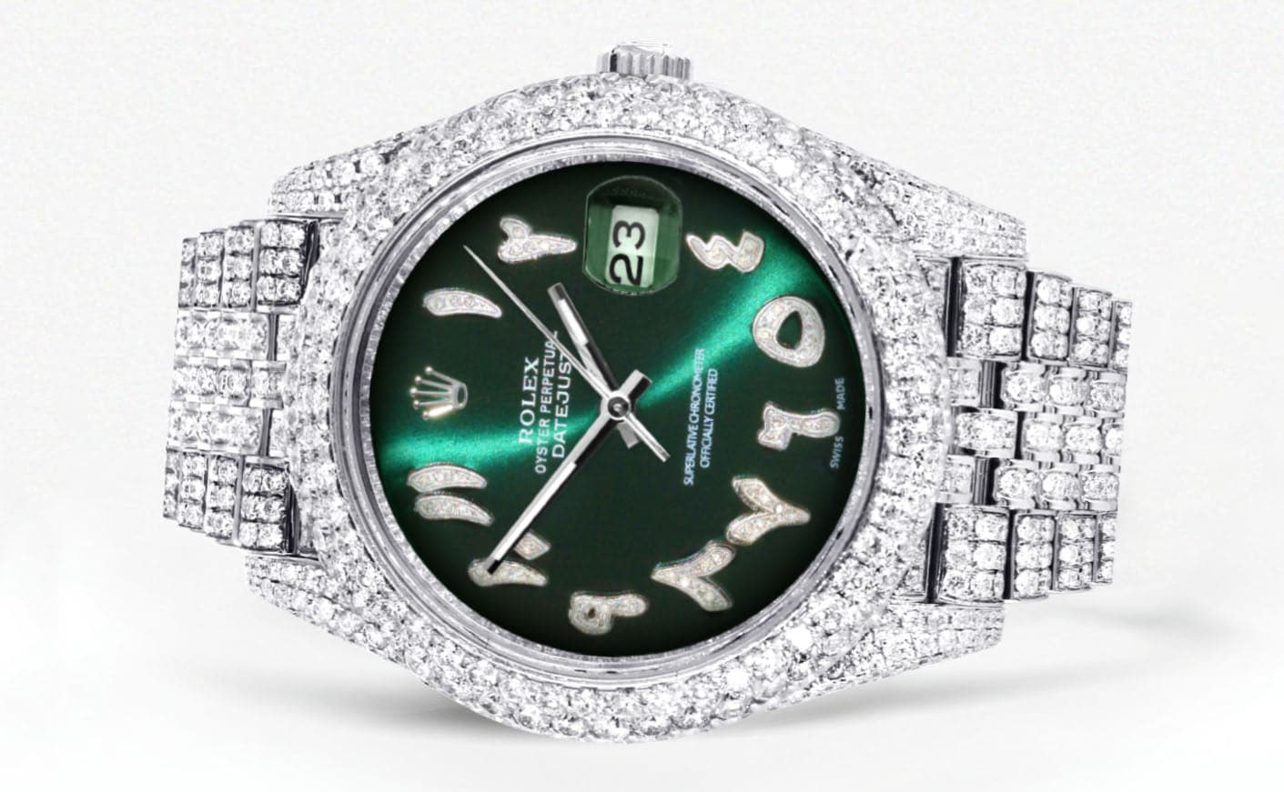 Diamond Iced Out Rolex Datejust 41 | 25 Carats Of Diamonds | Custom Green Arabic Numeral Diamond Dial | Two Row | Jubilee Band - Image 2