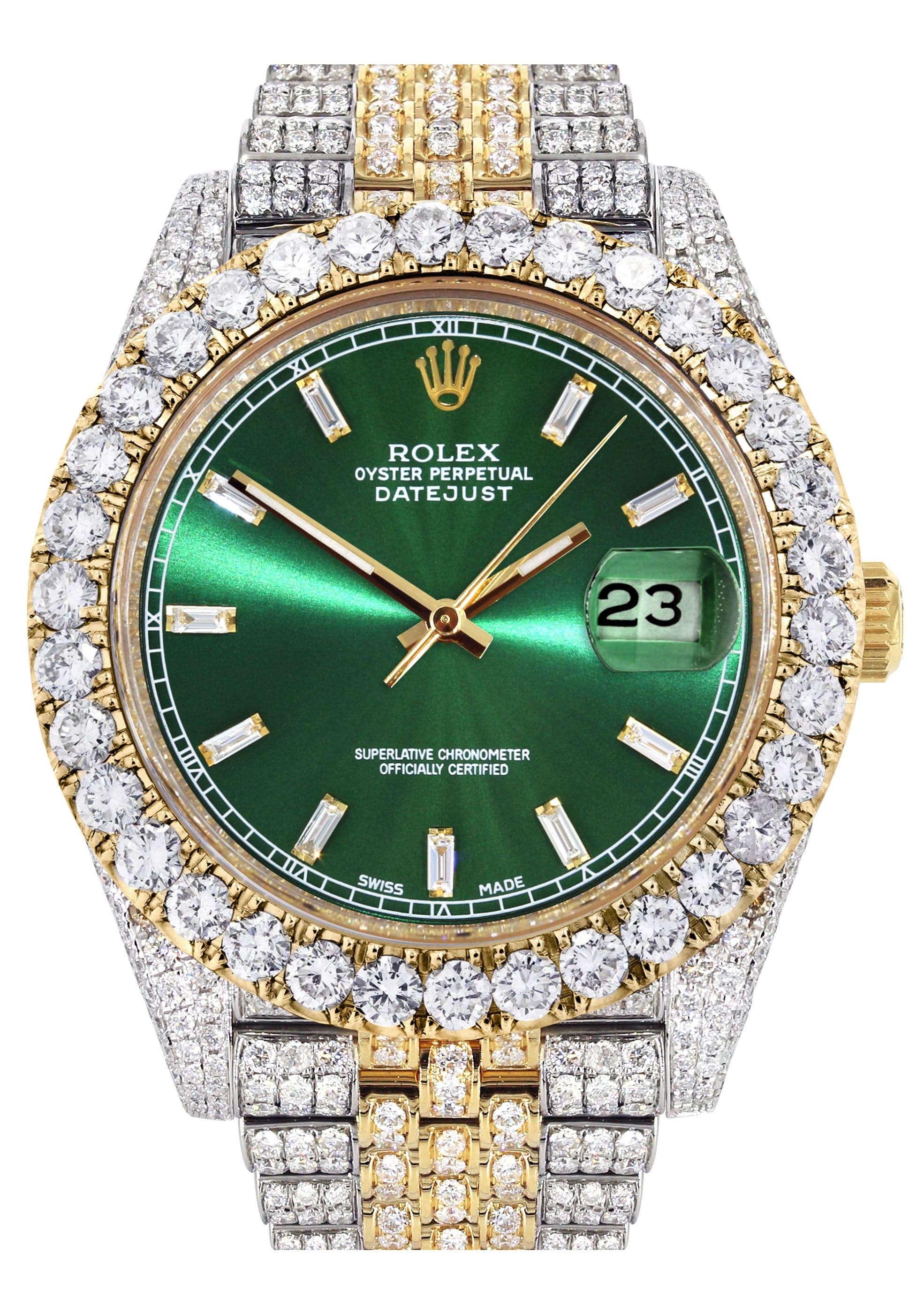 Diamond Iced Out Rolex Datejust 41 | 25 Carats Of Diamonds | Custom Green Diamond Dial | Two Tone | Jubilee Band