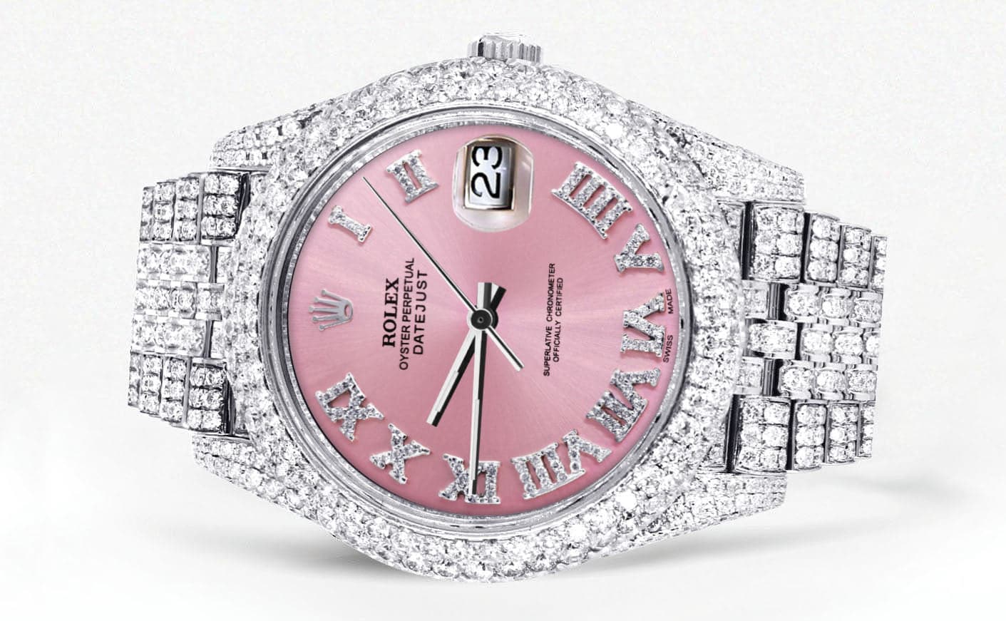 Diamond Iced Out Rolex Datejust 41 | 25 Carats Of Diamonds | Custom Pink Roman Numeral Diamond Dial | Two Row | Jubilee Band - Image 2