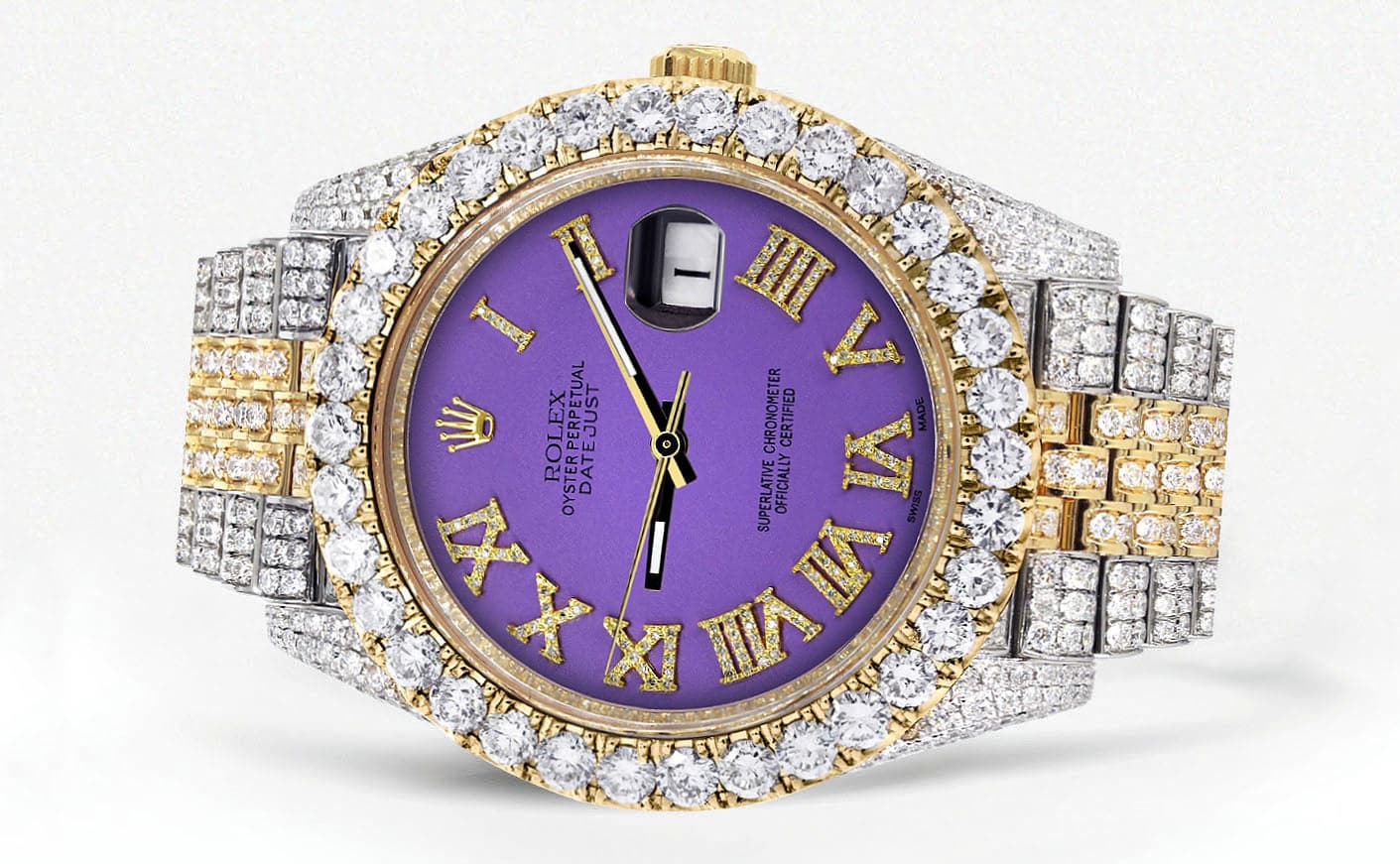 Diamond Iced Out Rolex Datejust 41 | 25 Carats Of Diamonds | Custom Purple Roman Numeral Diamond Dial | Two Tone | Jubilee Band - Image 2