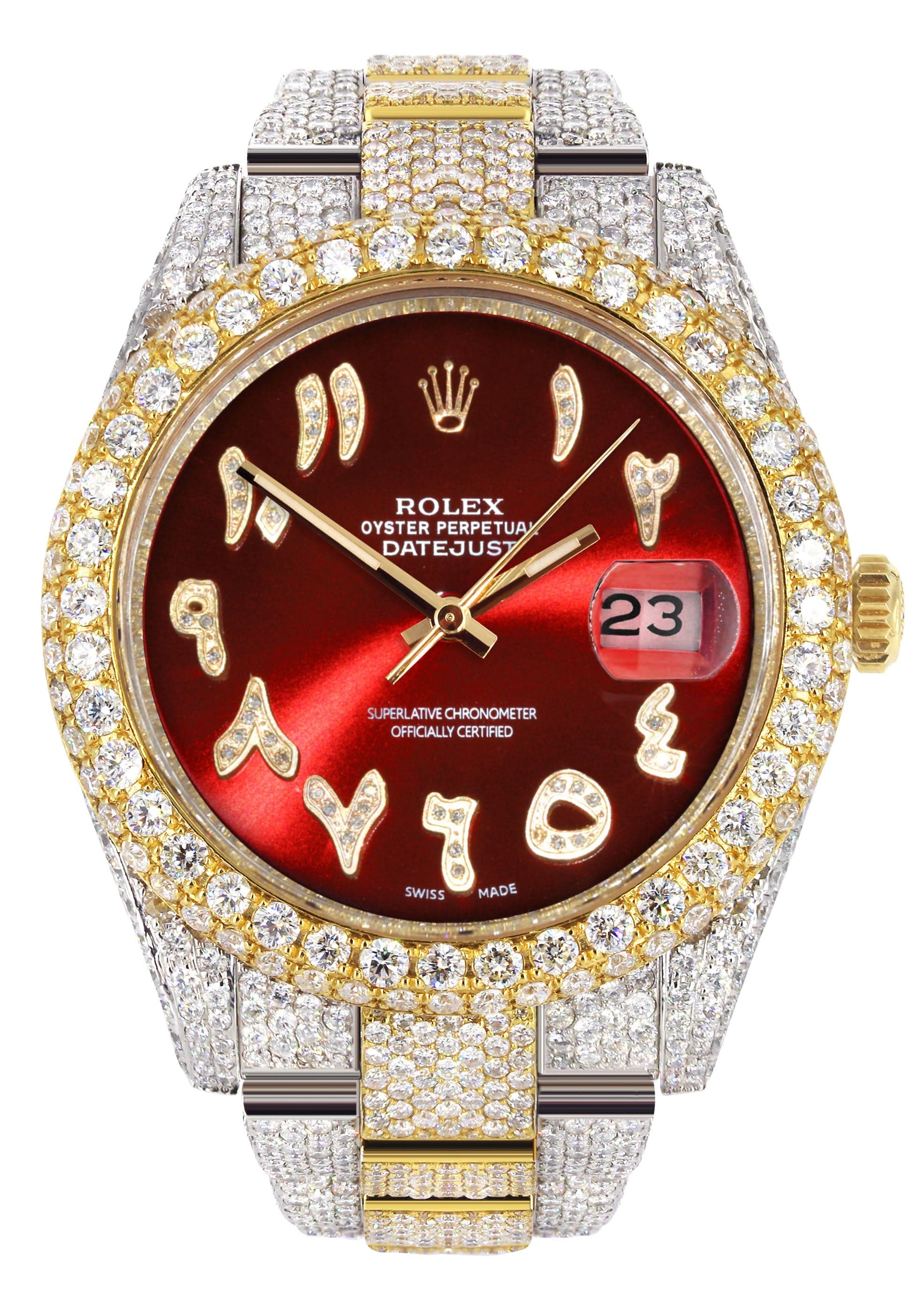 Diamond Iced Out Rolex Datejust 41 | 25 Carats Of Diamonds | Custom Red Arabic Numeral Diamond Dial | Two Tone | Two Row | Oyster Band