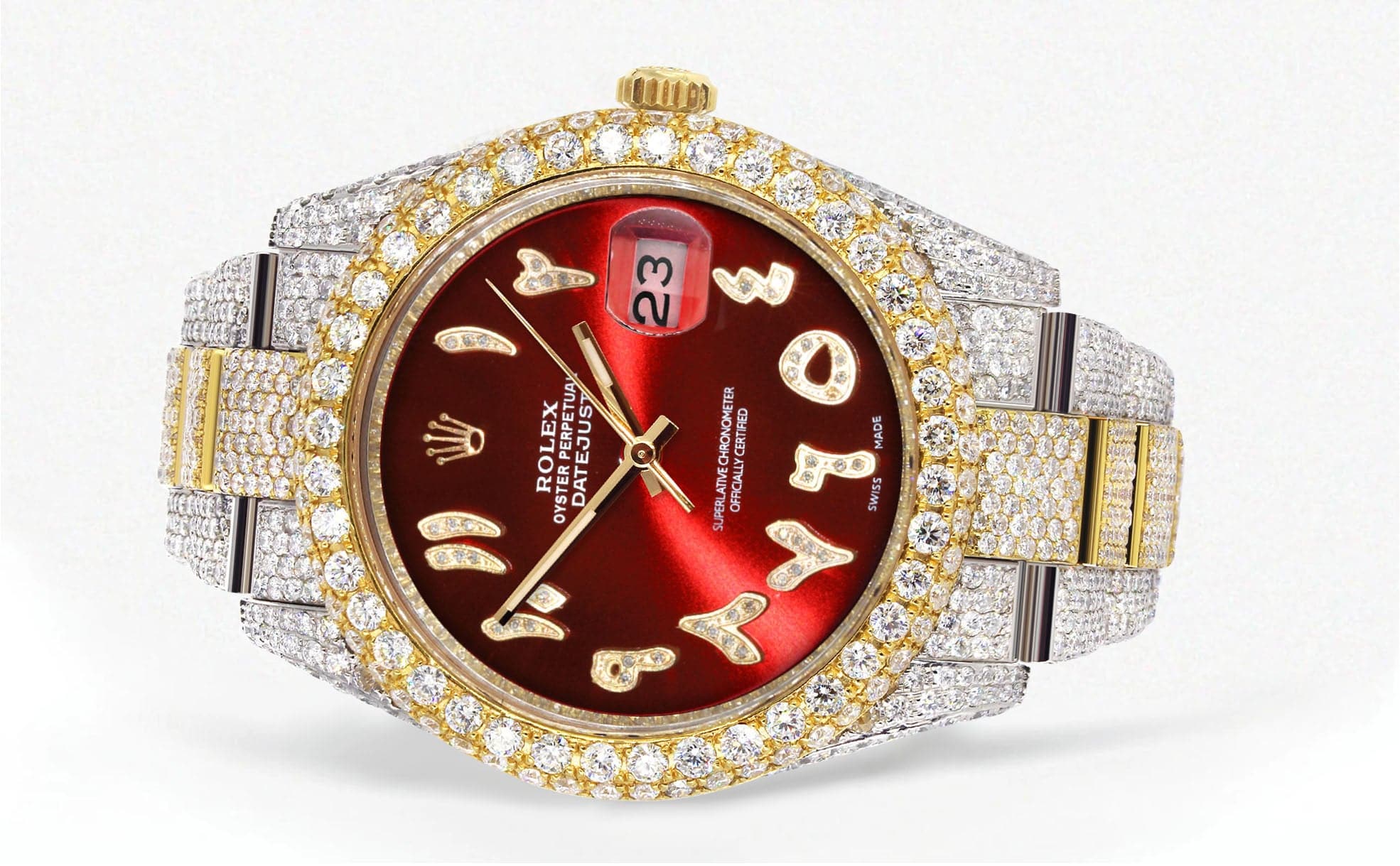 Diamond Iced Out Rolex Datejust 41 | 25 Carats Of Diamonds | Custom Red Arabic Numeral Diamond Dial | Two Tone | Two Row | Oyster Band - Image 2