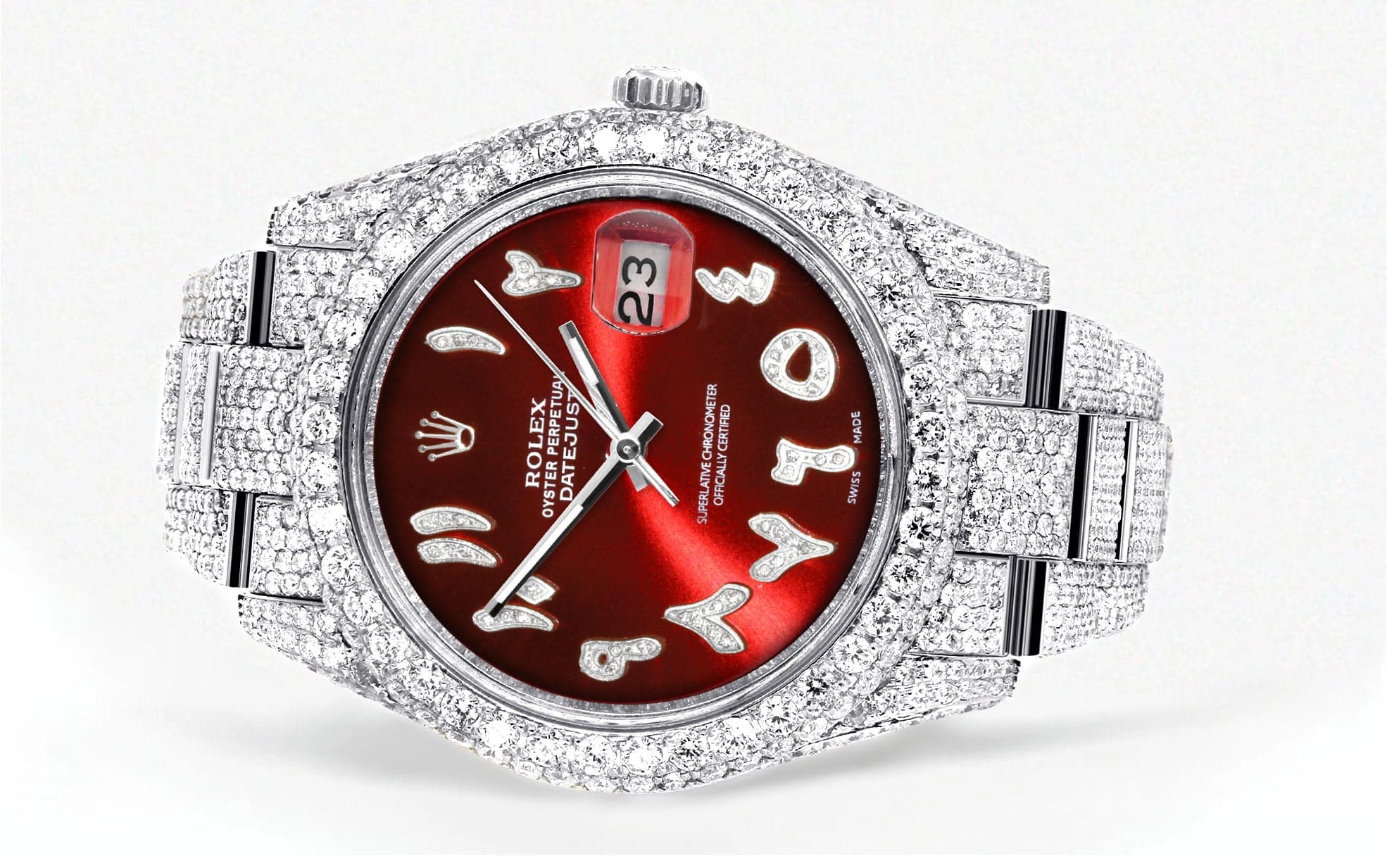 Diamond Iced Out Rolex Datejust 41 | 25 Carats Of Diamonds | Custom Red Arabic Numeral Diamond Dial | Two Row | Oyster Band - Image 2