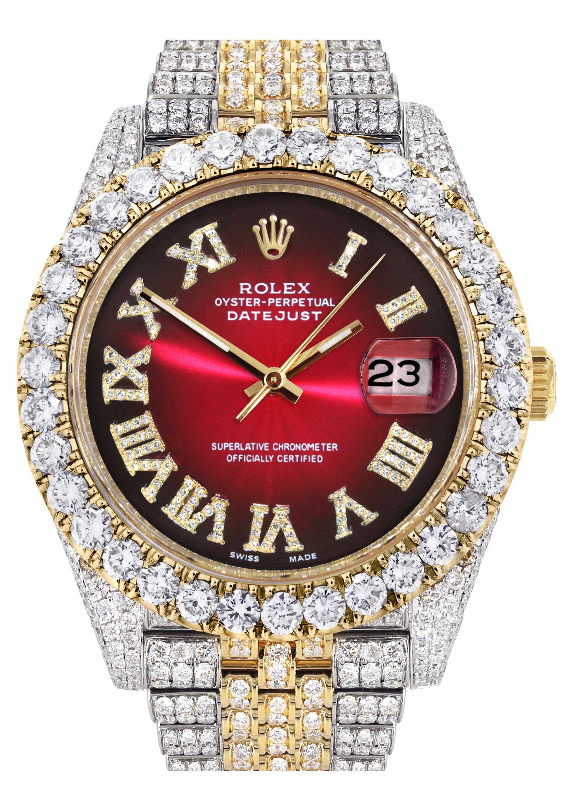 Diamond Iced Out Rolex Datejust 41 | 25 Carats Of Diamonds | Custom Red Black Dial | Two Tone | Jubilee Band