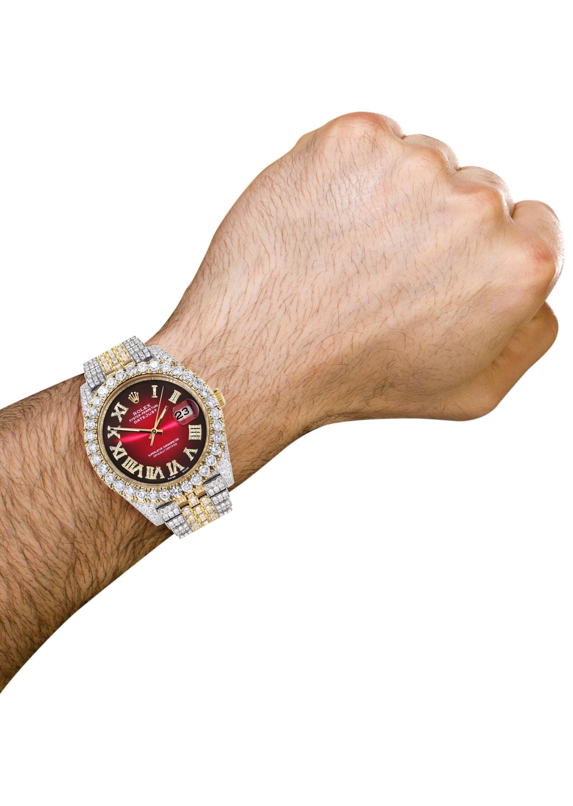 Diamond Iced Out Rolex Datejust 41 | 25 Carats Of Diamonds | Custom Red Black Dial | Two Tone | Jubilee Band - Image 3