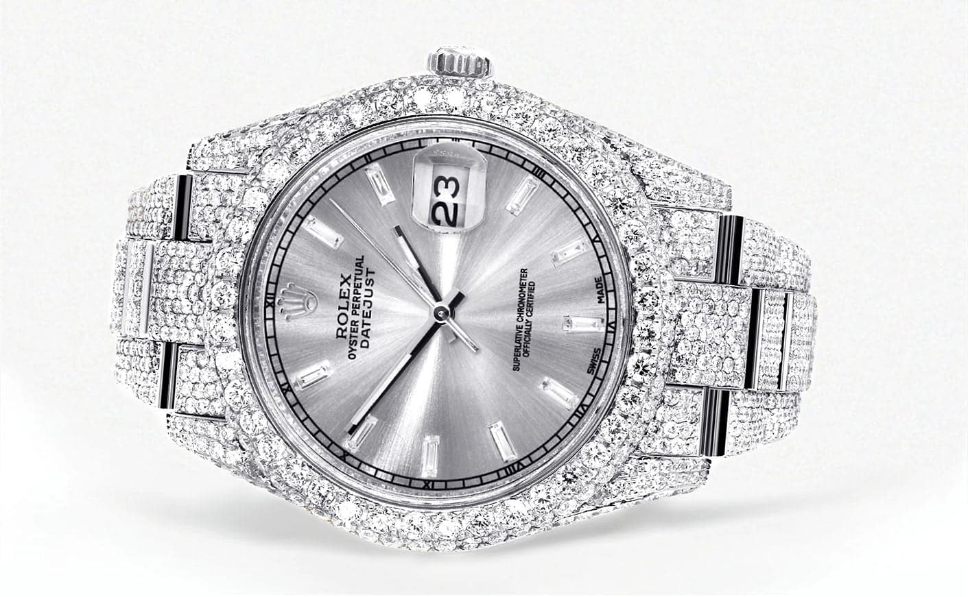 Diamond Iced Out Rolex Datejust 41 | 25 Carats Of Diamonds | Custom Silver Diamond Dial | Two Row | Oyster Band - Image 2