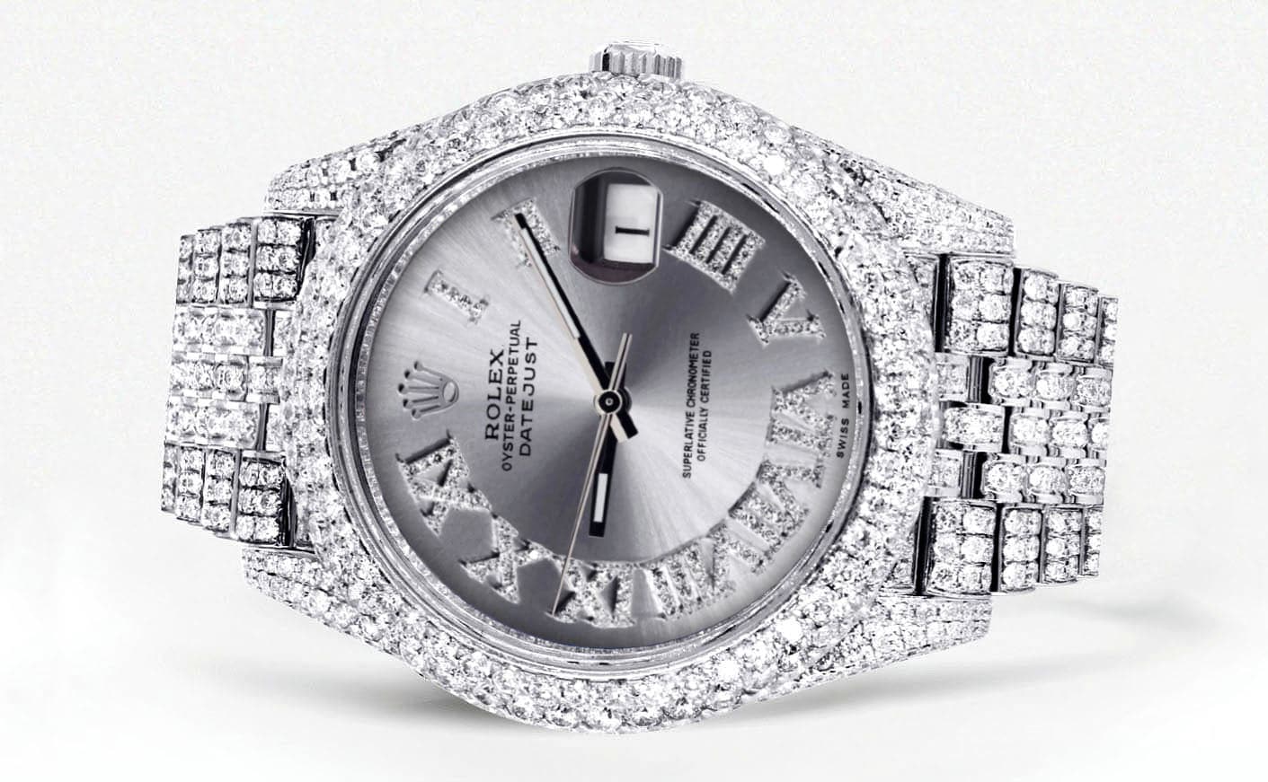 Diamond Iced Out Rolex Datejust 41 | 25 Carats Of Diamonds | Custom Silver Roman Numeral Diamond Dial | Two Row | Jubilee Band - Image 2