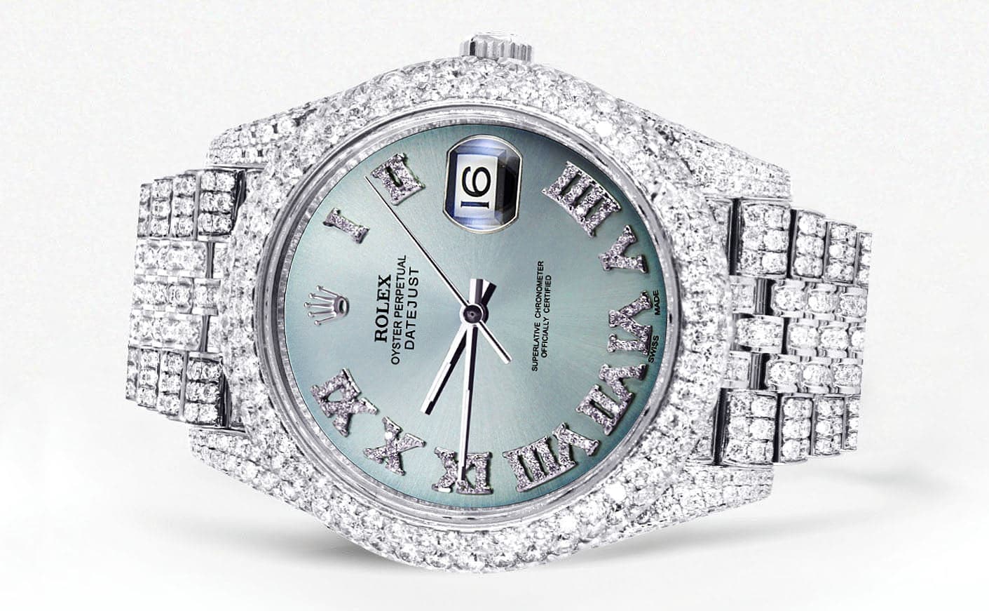 Diamond Iced Out Rolex Datejust 41 | 25 Carats Of Diamonds | Custom Teal Roman Diamond Dial | Two Row | Jubilee Band - Image 2