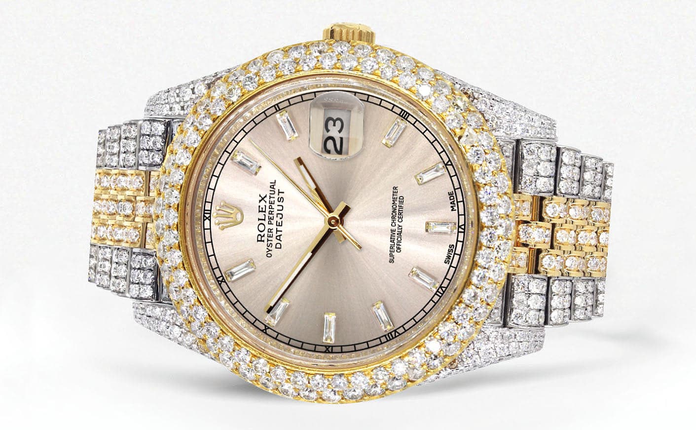 Diamond Iced Out Rolex Datejust 41 | 25 Carats Of Diamonds | Custom Dawn Pink Dial | Two Tone | Two Row | Jubilee Band - Image 2