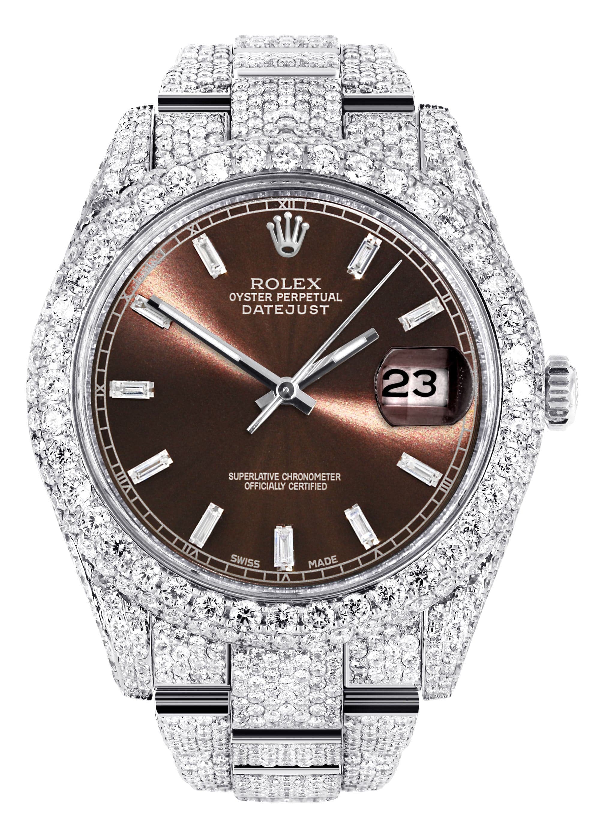 Diamond Iced Out Rolex Datejust 41 | 25 Carats Of Diamonds | Morocco Brown Dial | Two Row | Oyster Band