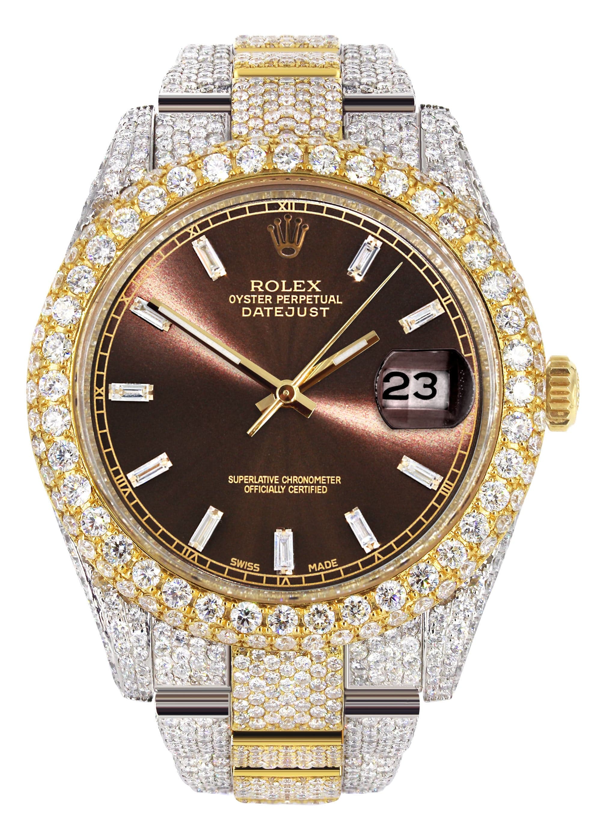 Diamond Iced Out Rolex Datejust 41 | 25 Carats Of Diamonds | Morocco Brown Dial | Two Tone | Two Row | Oyster Band