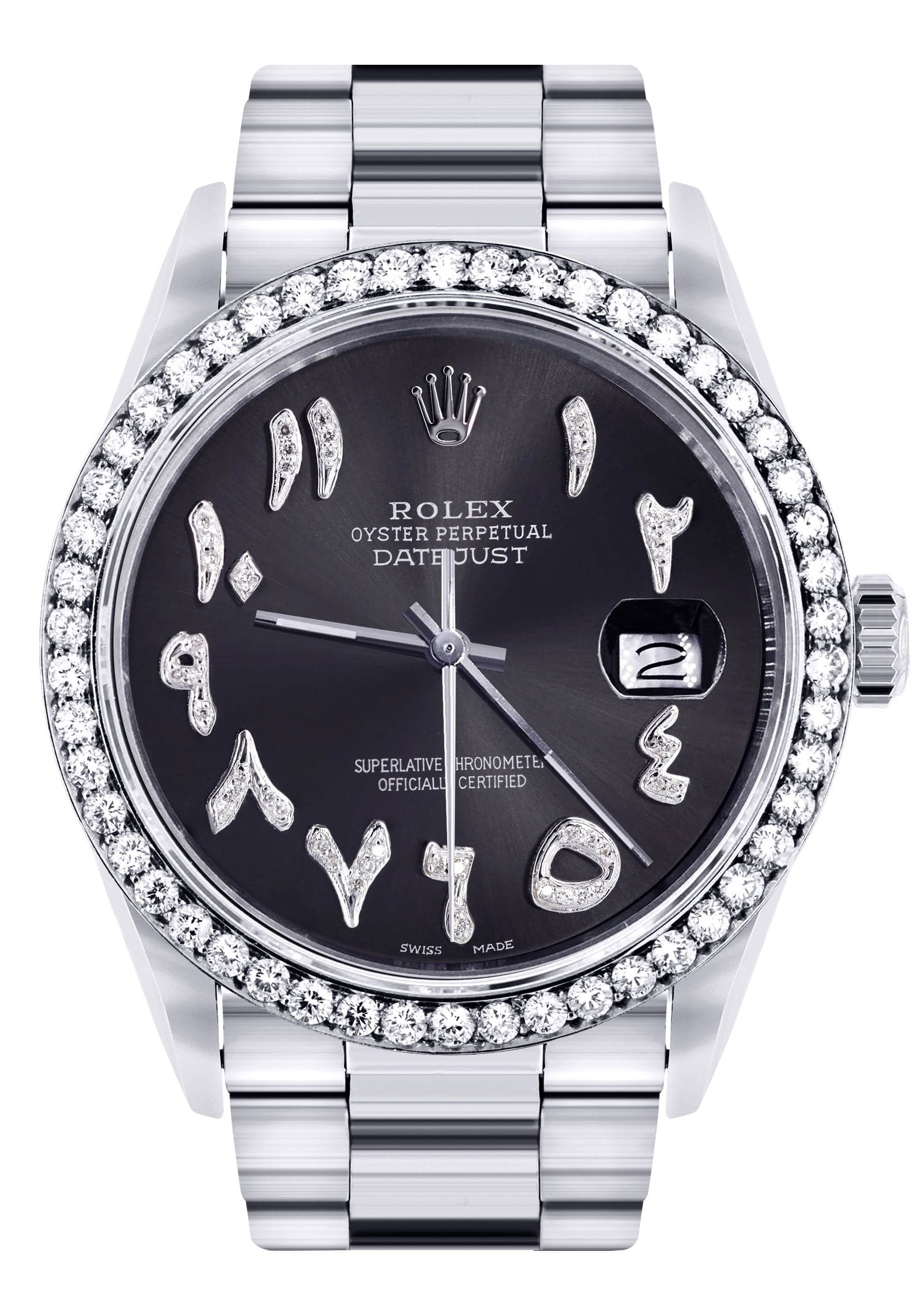 Diamond Mens Rolex Datejust Watch 16200 | 36 MM | Custom Arabic Diamond Dial | Oyster Band | Diamond Bezel