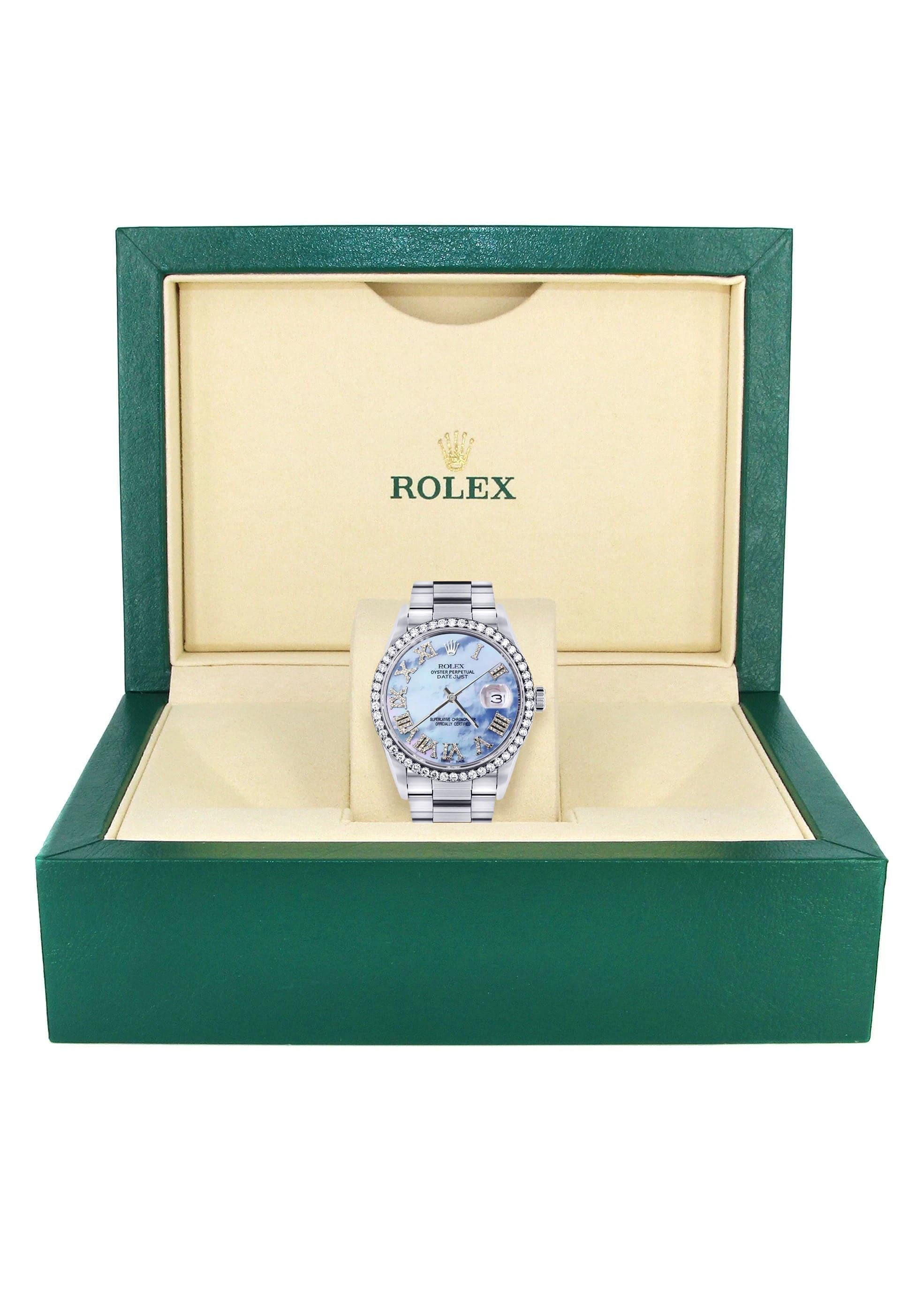 Diamond Mens Rolex Datejust Watch 16200 | 36Mm | Blue Mother Of Pearl Roman Numeral Dial | Oyster Band - Image 7