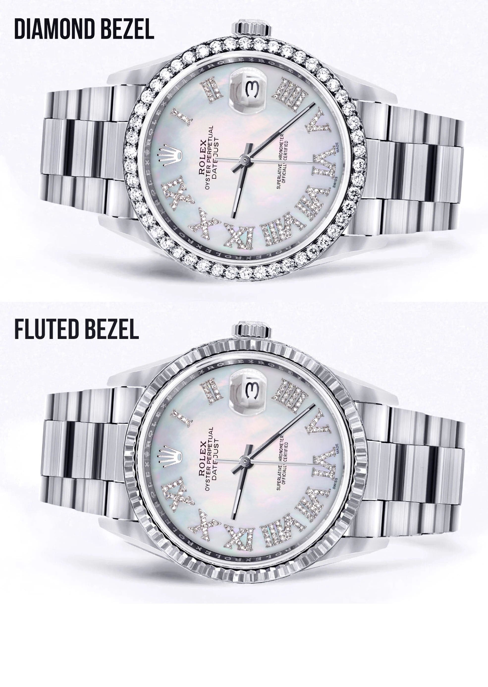 Diamond Mens Rolex Datejust Watch 16200 | 36Mm | Light Blue Mother Of Pearl Roman Numeral Dial | Oyster Band - Image 2