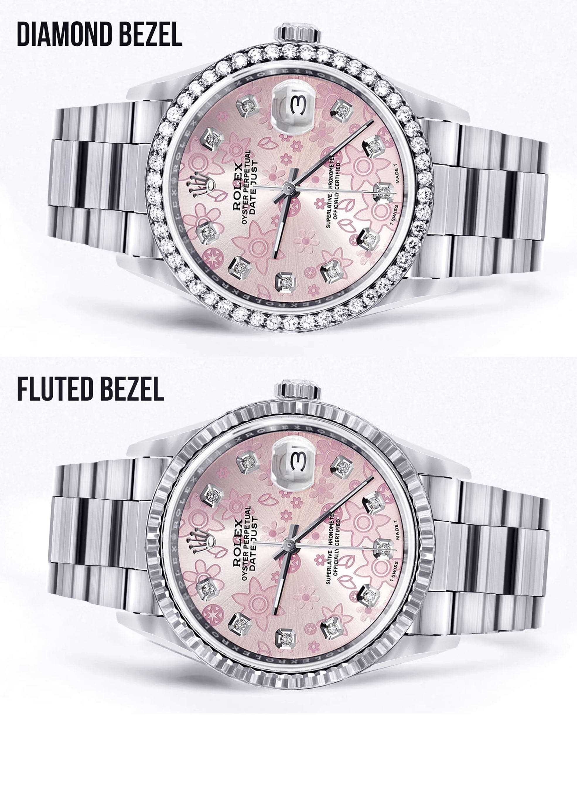 Diamond Mens Rolex Datejust Watch 16200 | 36MM | Pink Flower Diamond Dial | Oyster Band - Image 2