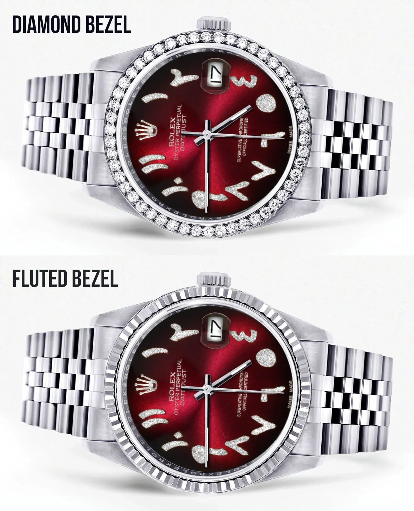 Diamond Mens Rolex Datejust Watch 16200 | 36Mm | Red Black Arabic Diamond Dial | Jubilee Band - Image 2
