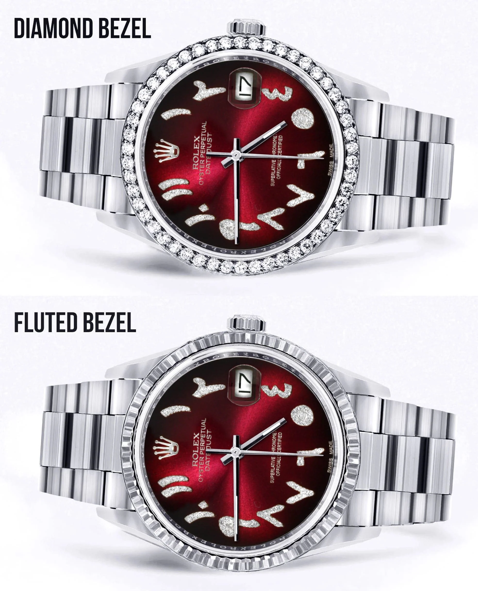 Diamond Mens Rolex Datejust Watch 16200 | 36Mm | Red Black Arabic Diamond Dial | Oyster Band - Image 2