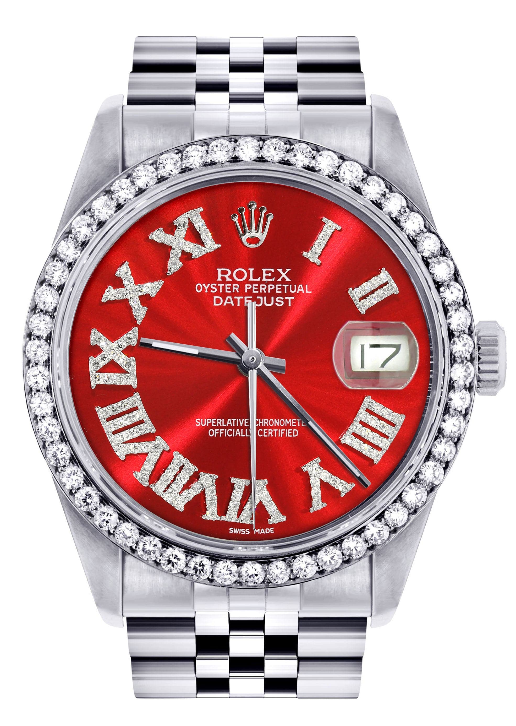Diamond Mens Rolex Datejust Watch 16200 | 36Mm | Red Roman Numeral Dial | Jubilee Band