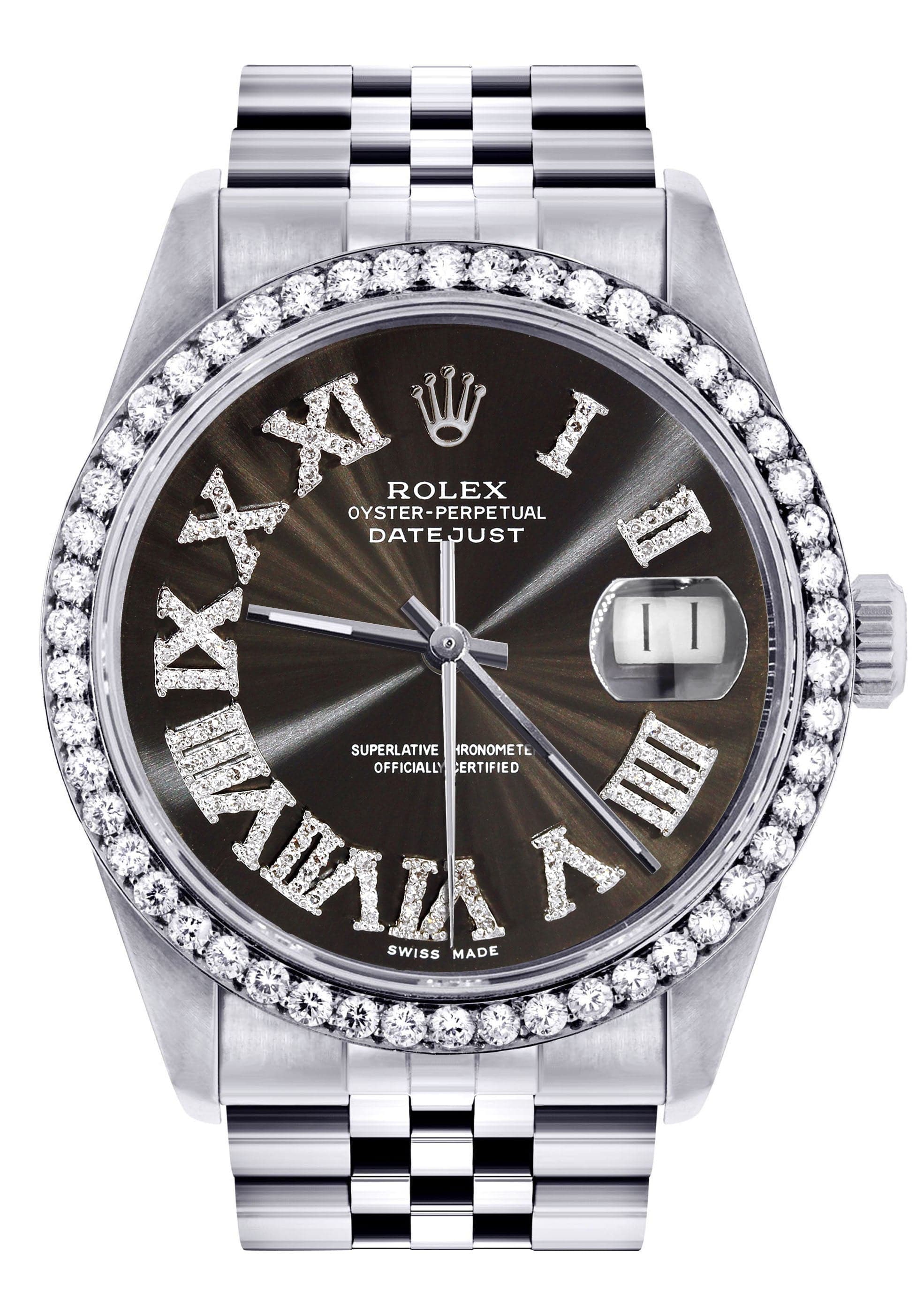 Diamond Mens Rolex Datejust Watch 16200 | 36Mm | Custom Dark Brown Roman Numeral Dial | Jubilee Band