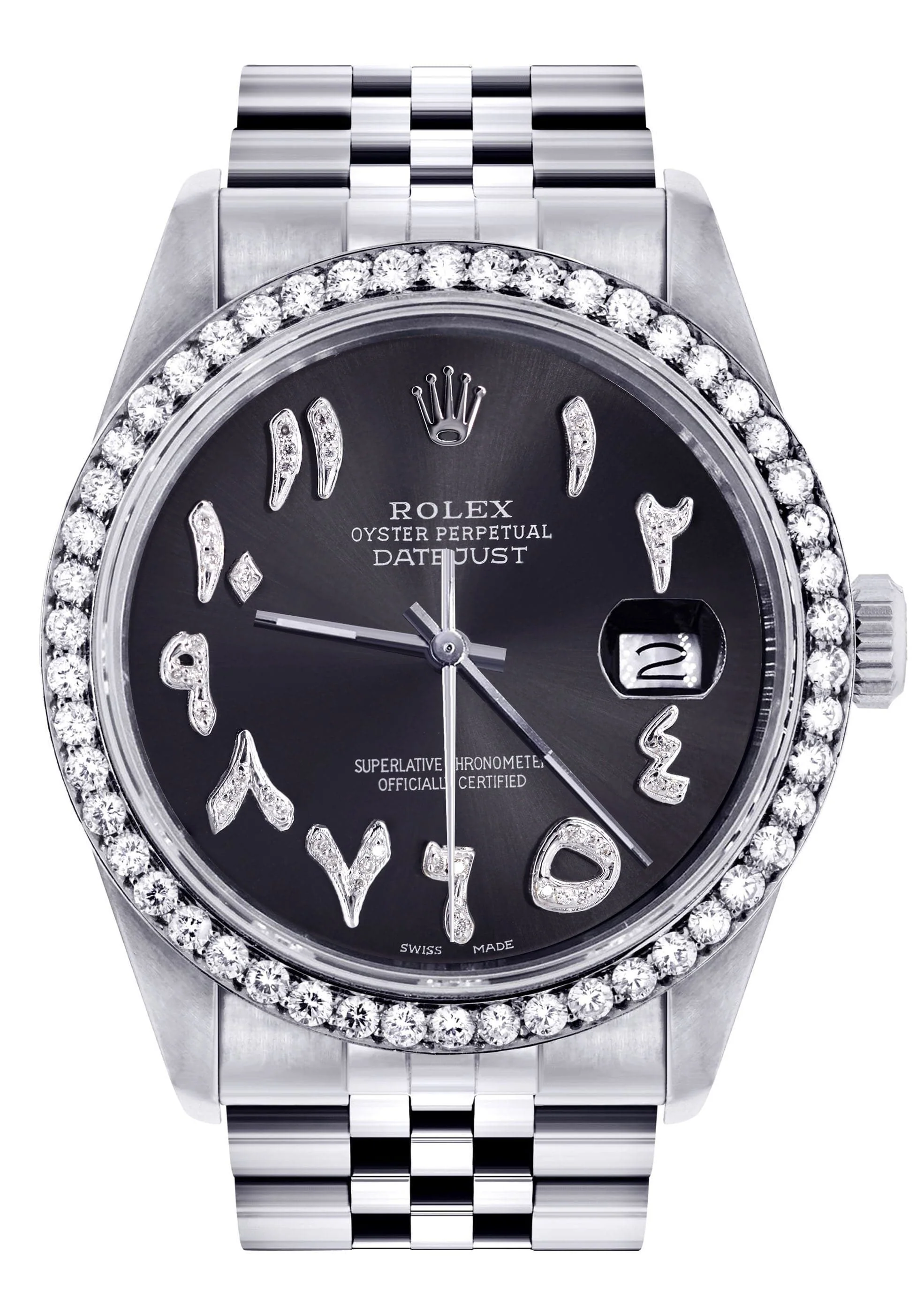 Diamond Mens Rolex Datejust Watch 16200 | 36 MM | Custom Arabic Diamond Dial | Jubilee Band | Diamond Bezel