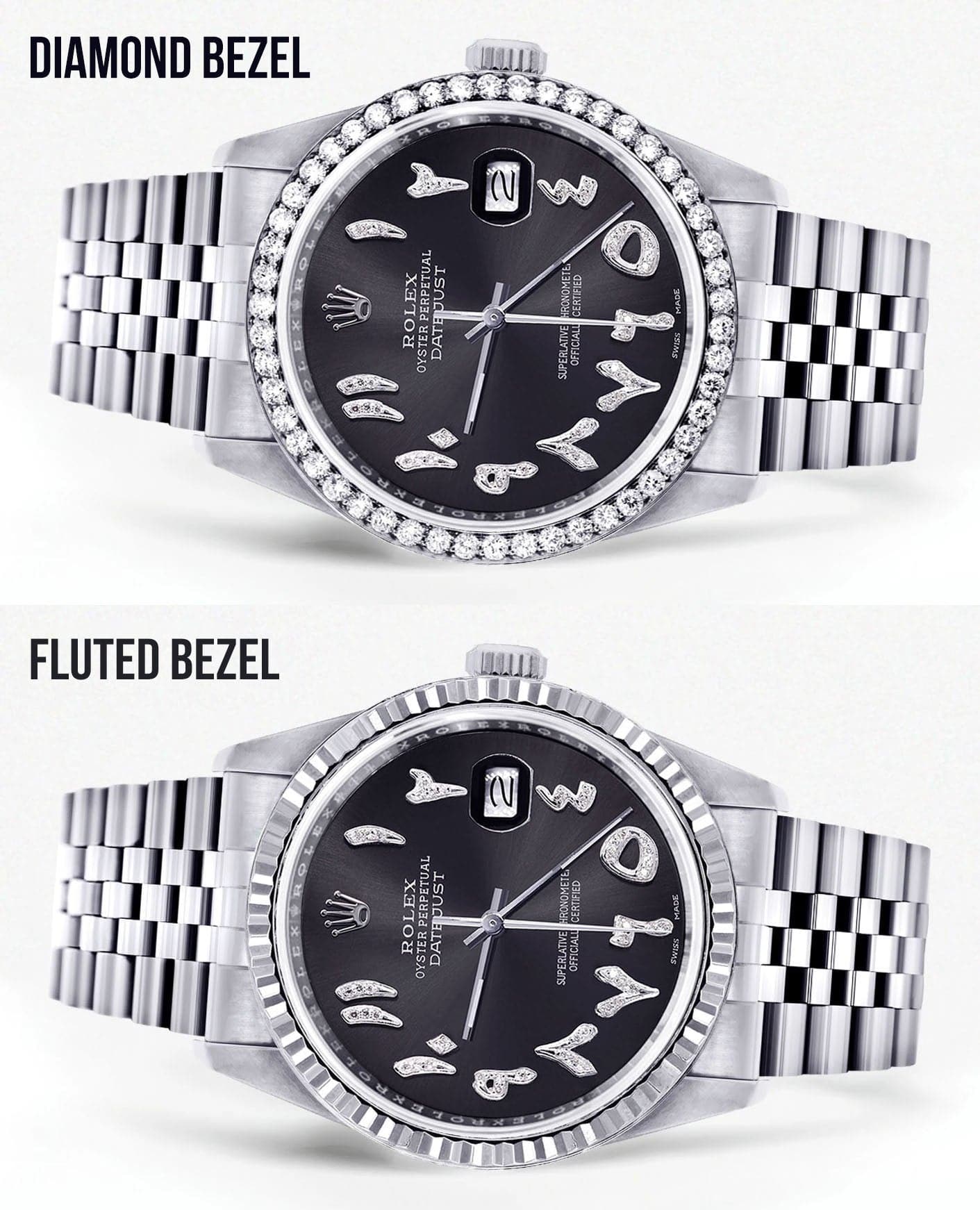 Diamond Mens Rolex Datejust Watch 16200 | 36 MM | Custom Arabic Diamond Dial | Jubilee Band | Diamond Bezel - Image 2