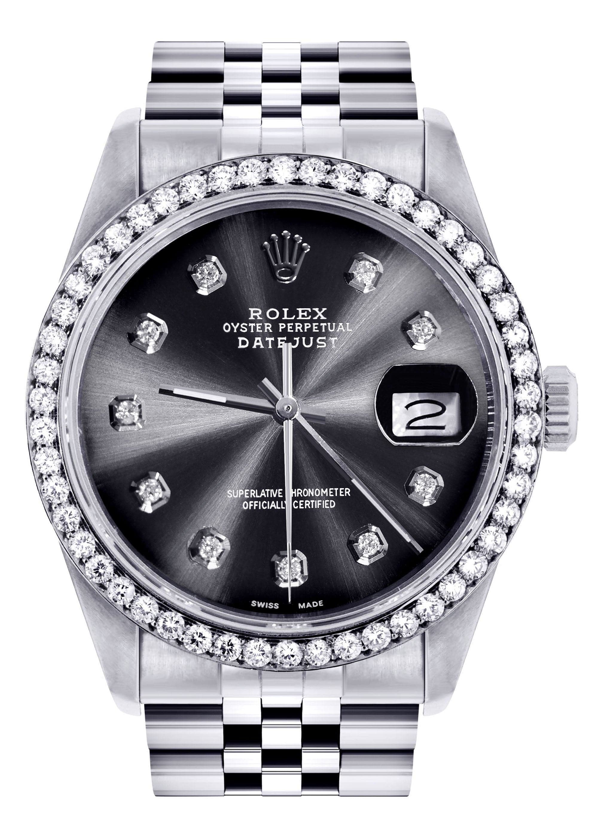 Diamond Rolex Datejust Watch | 36Mm | Dark Grey Diamond Dial | Jubilee Band