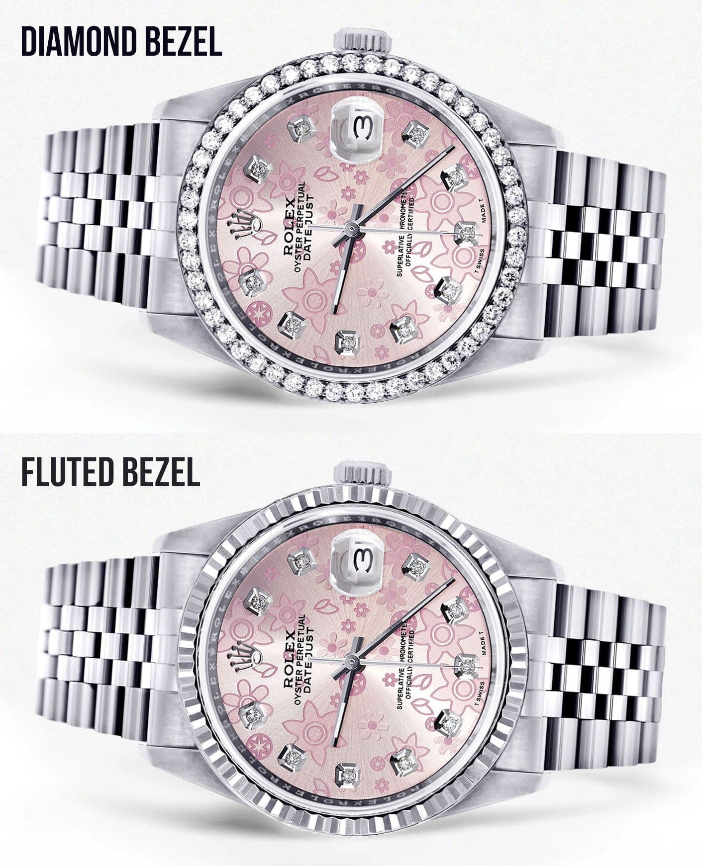 Diamond Mens Rolex Datejust Watch 16200 | 36MM | Pink Flower Diamond Dial | Jubilee Band - Image 2